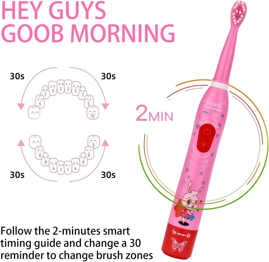 مسواک برقی سونیک کودکانه OJV 8630 برای کودکان، 6 حالت با حافظه، تایمر 2 دقیقه ای، ضد آب IPX7، 4 سر برس، 31000 ضربه، مسواک هوشمند قابل شارژ USB برای دختران 3-14 سال (صورتی)