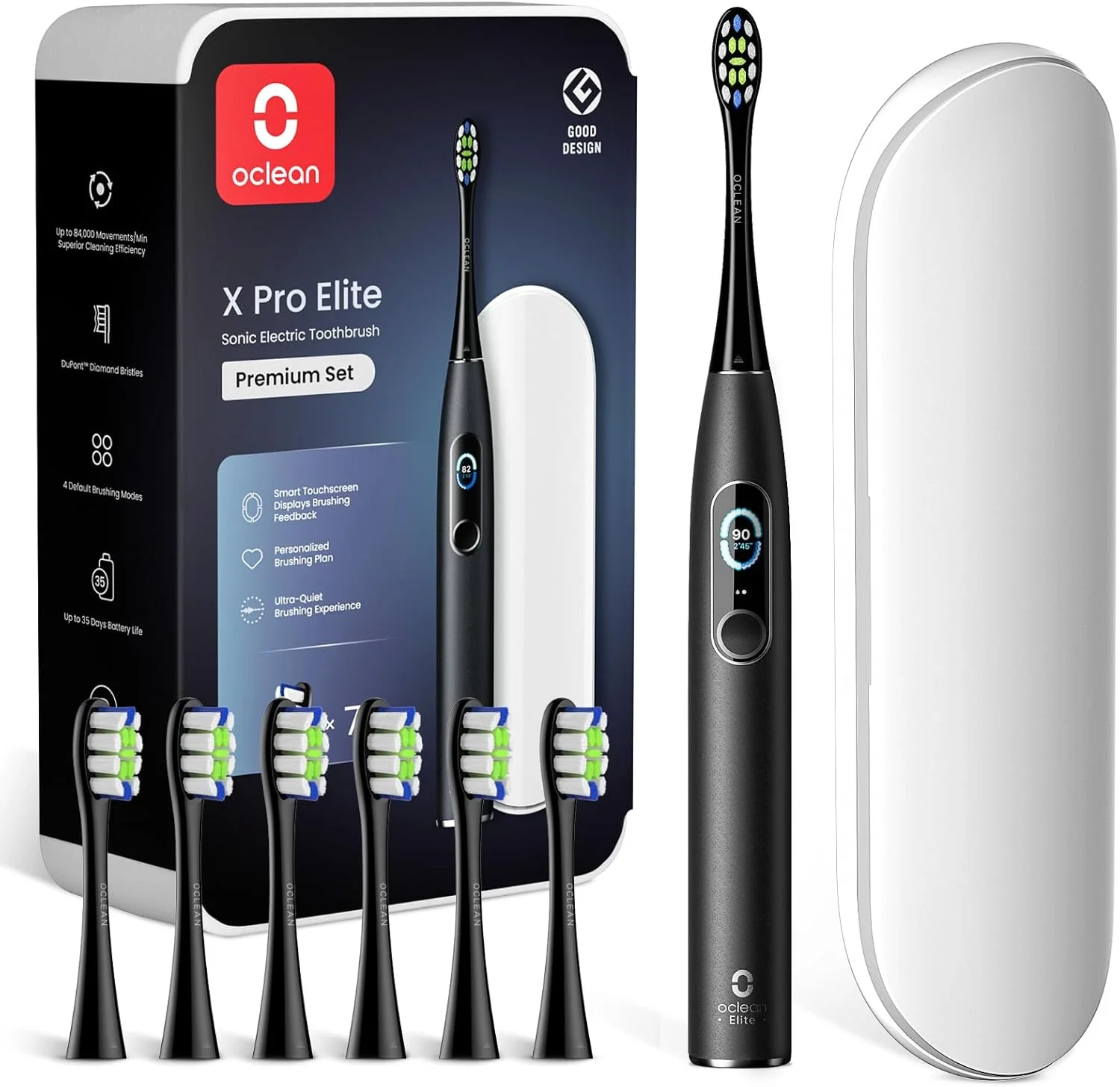 ست پریمیوم Oclean X Series Pro Elite، مسواک برقی صوتی فوق العاده بی صدا و قدرتمند برای بزرگسالان با صفحه نمایش هوشمند، شارژ بی سیم برای 35 روز، 4 حالت، 6 سر یدکی و کیف مسافرتی - مشکی