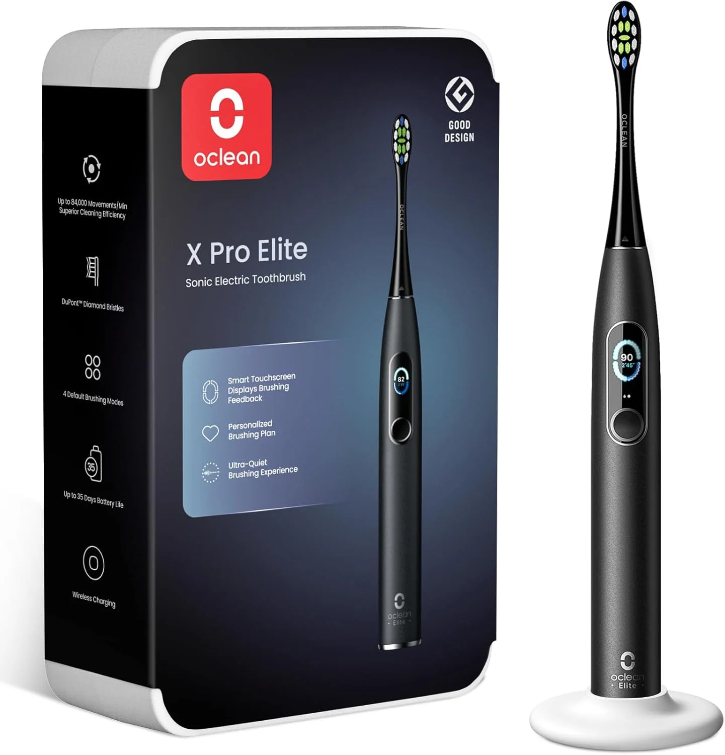 مسواک برقی سونیک فوق العاده بی صدا و قدرتمند Oclean X Series Pro Elite، مناسب بزرگسالان با صفحه نمایش هوشمند، ردیابی 8 ناحیه، شارژ بی سیم برای 35 روز، 4 حالت، قابل نصب روی دیوار، بسته بندی سازگار با محیط زیست - مشکی
