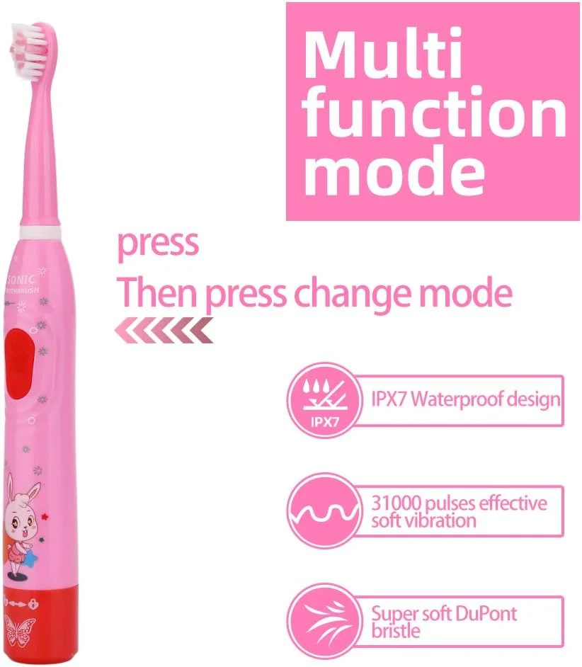 مسواک برقی سونیک کودکانه OJV 8630 برای کودکان، 6 حالت با حافظه، تایمر 2 دقیقه ای، ضد آب IPX7، 4 سر برس، 31000 ضربه، مسواک هوشمند قابل شارژ USB برای دختران 3-14 سال (صورتی)