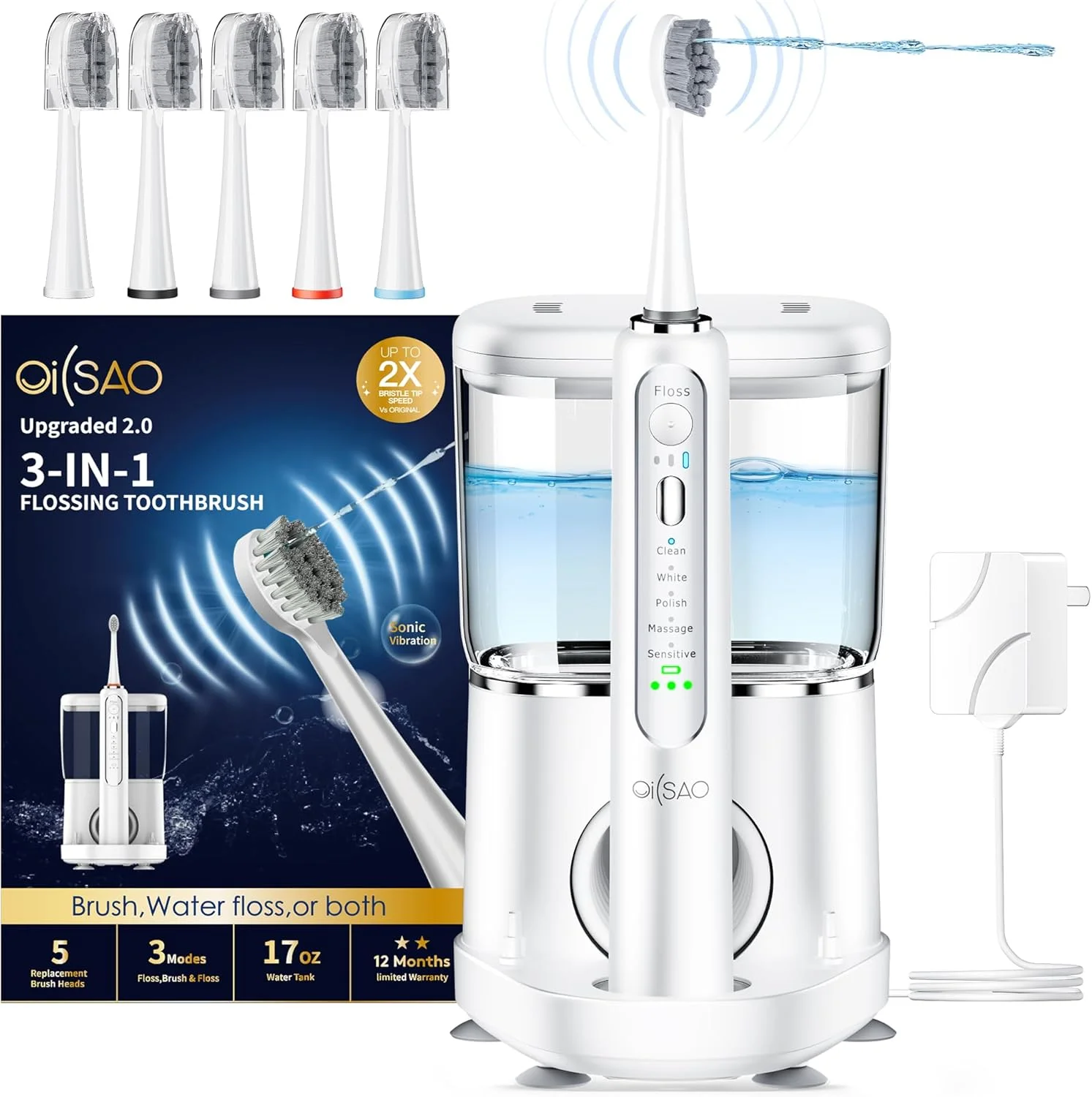 مسواک برقی OILSAO با نخ دندان آبی، مسواک نخ دندان پیشرفته 2.0 ترکیبی در یک دستگاه با 5 سری جایگزین - 5 حالت مسواک زدن و 3 سرعت نخ دندان کشیدن، برای دندان ها، لثه ها، ارتودنسی، مراقبت از دندان