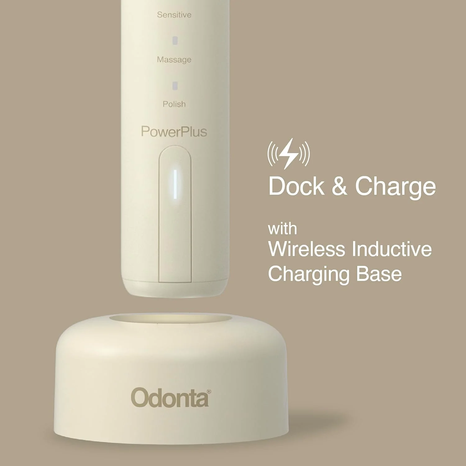 مسواک برقی صوتی ODONTA PowerPlus | پایه شارژ | شارژ بی سیم | 42000 VPM | فناوری حسگر فشار | 5 حالت مسواک زدن | 2 سر مسواک | موهای نرم گیاهی