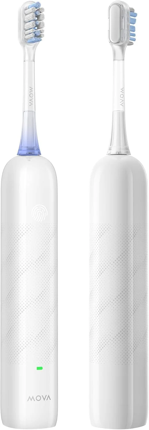 مسواک برقی Mova Fresh SweepDrive، مسواک برقی قابل شارژ برای بزرگسالان، شارژ نوع C، حسگر فشار بصری، سر برس جایگزین 3 در 1 با نگهدارنده، 30 روز عمر باتری، سفید