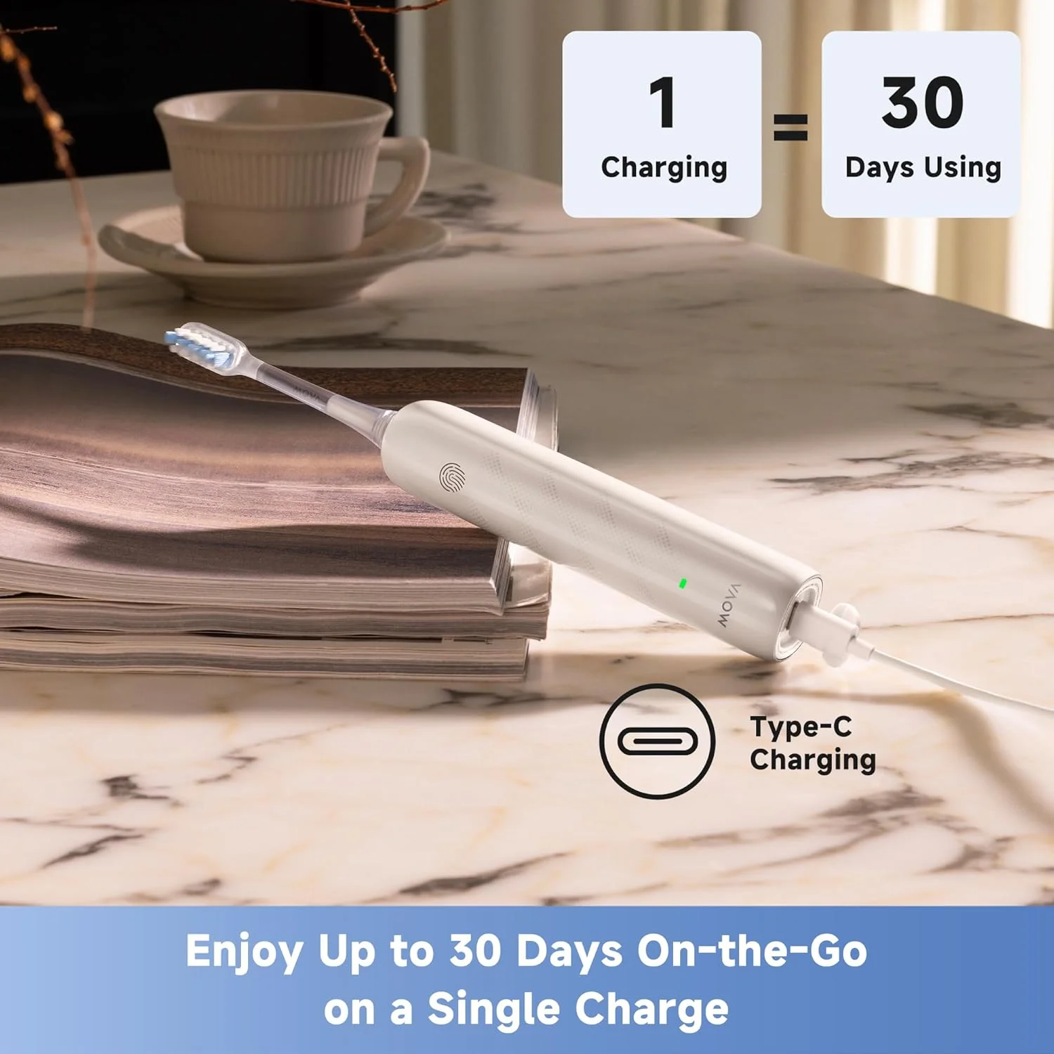 مسواک برقی Mova Fresh SweepDrive، مسواک برقی قابل شارژ برای بزرگسالان، شارژ نوع C، حسگر فشار بصری، سر برس جایگزین 3 در 1 با نگهدارنده، 30 روز عمر باتری، سفید