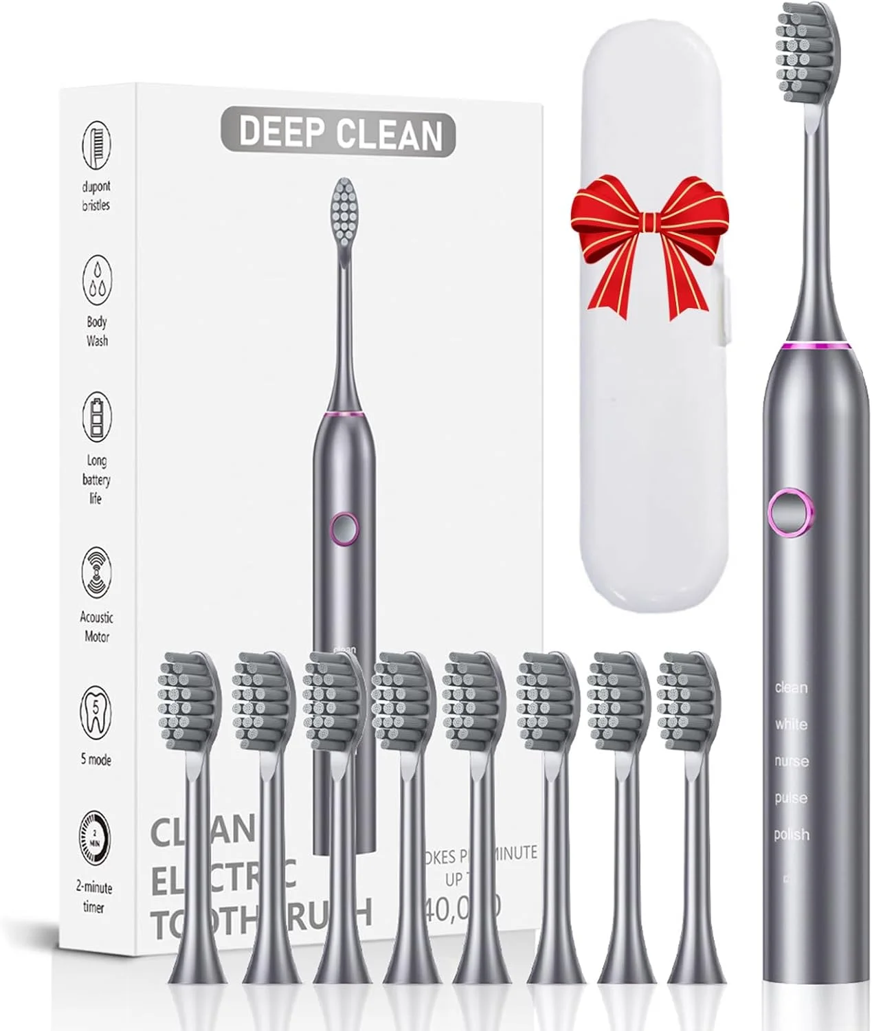 مسواک برقی Mhepzol با 8 سری مسواک و کیف مسافرتی برای بزرگسالان و کودکان، مسواک برقی قابل شارژ با قدرت بالا، 5 حالت قابل تنظیم، تایمر هوشمند 2 دقیقه ای داخلی
