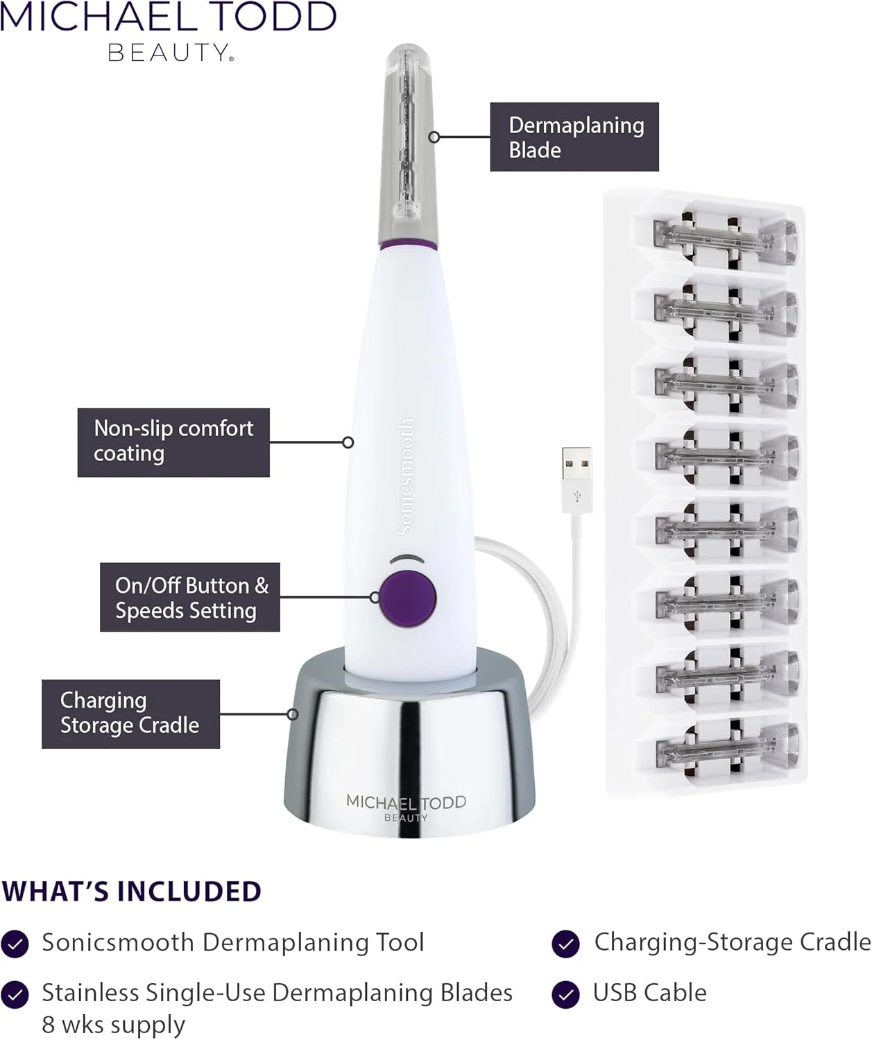 مایکل تاد بیوتی - Sonicsmooth - ابزار درماپلنینگ - سیستم لایه برداری صورت و از بین بردن موهای کرکی صورت 2 در 1 به همراه 8 هفته لبه های ایمنی
