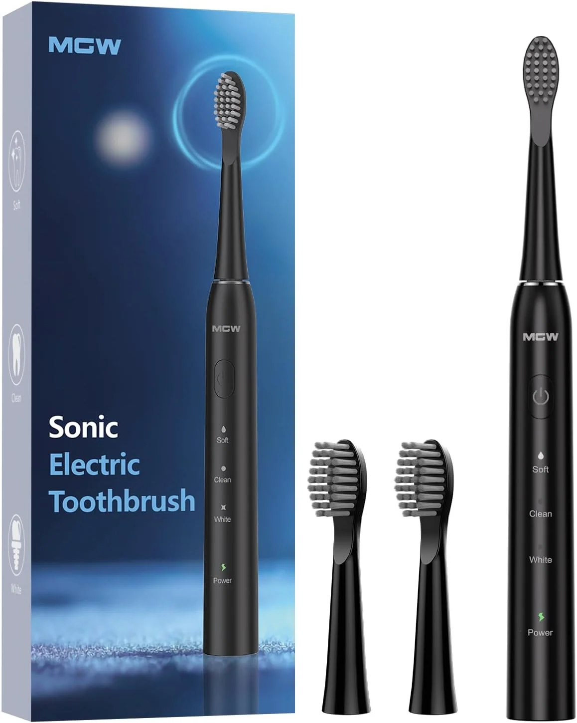 مسواک برقی صوتی MGW، قابل شارژ با USB، ضد آب، تایمر هوشمند، 2 سر مسواک، مشکی