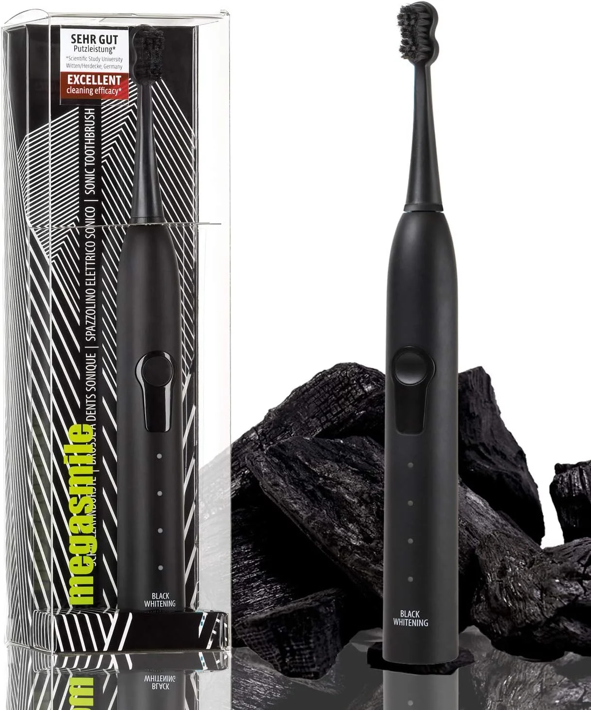 مسواک مشکی سفید کننده سونیک Megasmile II، مشکی، 4 حالت، فناوری زغال ACP برای دندان های سفیدتر، با: تایمر، عملکرد حافظه، قفل مسافرتی