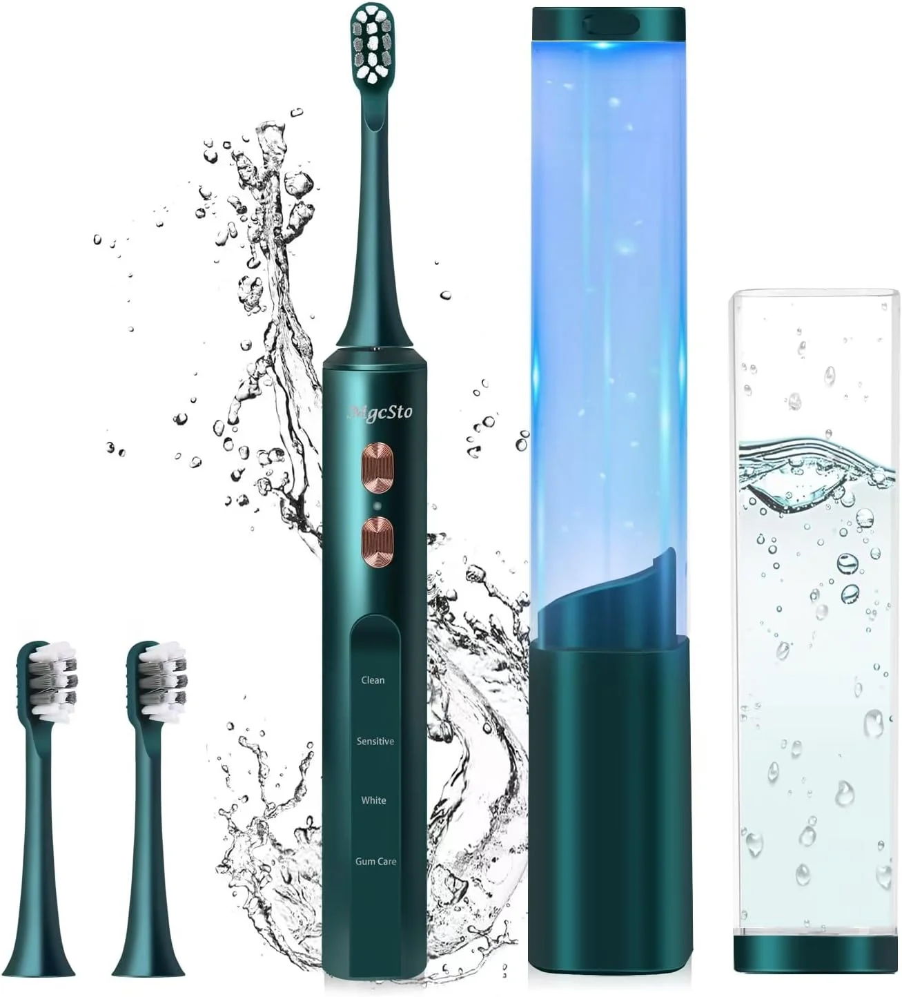 مسواک برقی MgcSto با استند ضدعفونی کننده UV - دارای 4 حالت و 3 سرعت قابل تنظیم - مسواک قدرتمند - موتور 48000 دور در دقیقه و شارژ بی‌سیم با تایمر هوشمند (سبز)