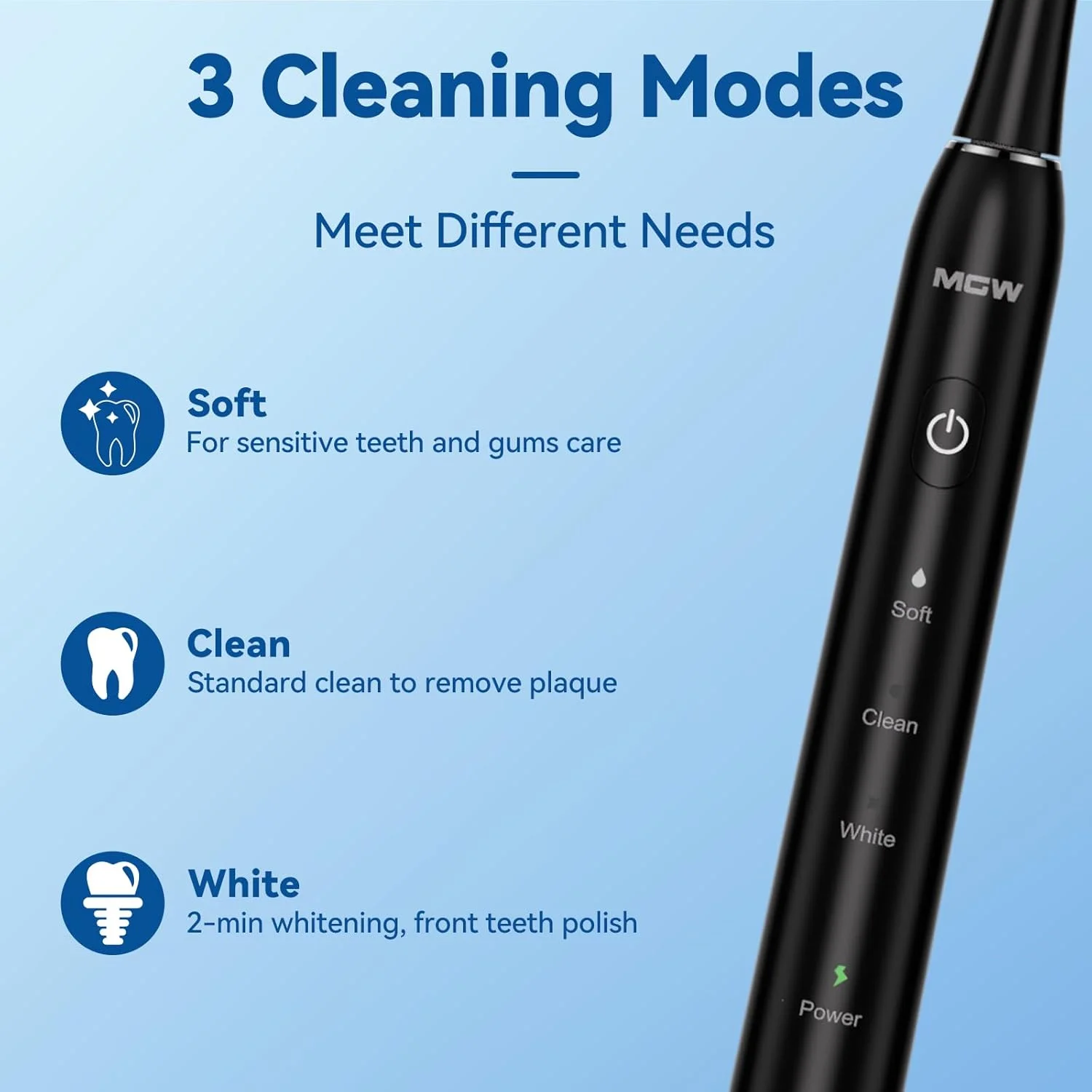 مسواک برقی صوتی MGW، قابل شارژ با USB، ضد آب، تایمر هوشمند، 2 سر مسواک، مشکی