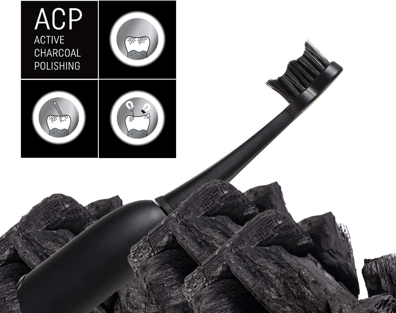 مسواک مشکی سفید کننده سونیک Megasmile II، مشکی، 4 حالت، فناوری زغال ACP برای دندان های سفیدتر، با: تایمر، عملکرد حافظه، قفل مسافرتی