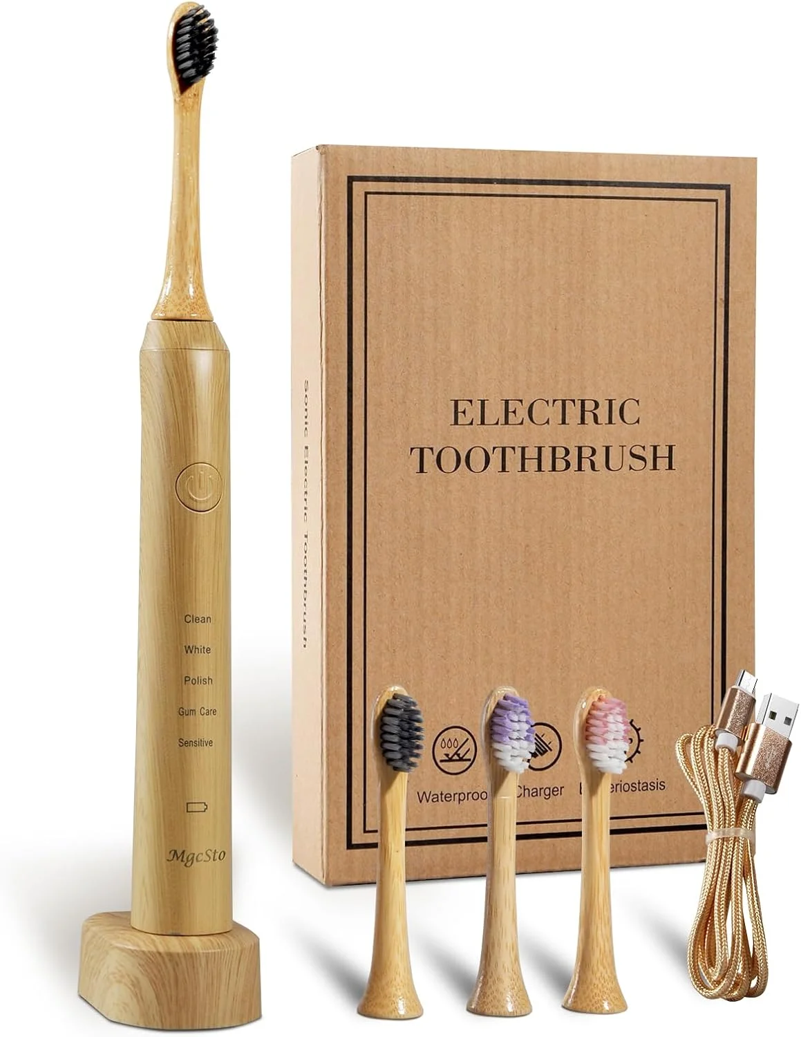 مسواک برقی بامبو سونیک MgcSto برای بزرگسالان - مسواک برقی بامبو قابل شارژ - 4 عدد سری برس نرم - موهای گیاهی | 5 حالت تمیز کردن باتری با ماندگاری طولانی