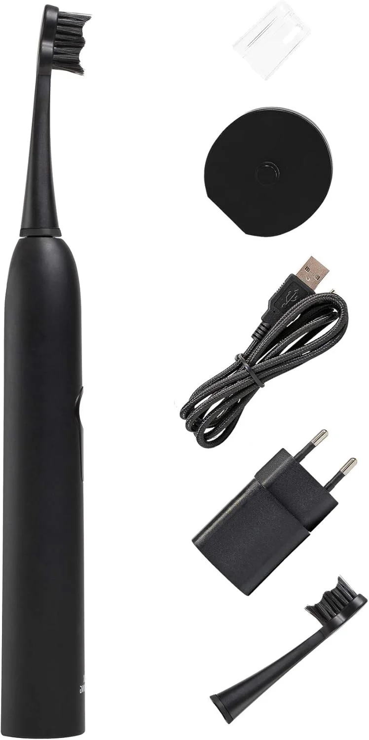 مسواک مشکی سفید کننده سونیک Megasmile II، مشکی، 4 حالت، فناوری زغال ACP برای دندان های سفیدتر، با: تایمر، عملکرد حافظه، قفل مسافرتی