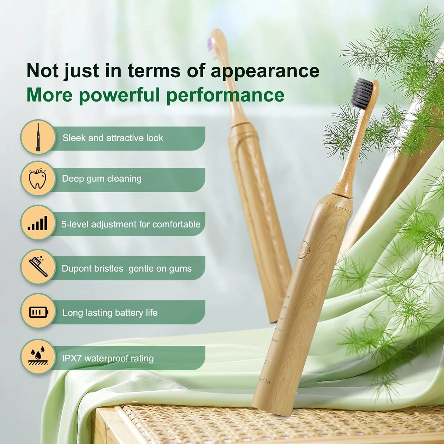مسواک برقی بامبو سونیک MgcSto برای بزرگسالان - مسواک برقی بامبو قابل شارژ - 4 عدد سری برس نرم - موهای گیاهی | 5 حالت تمیز کردن باتری با ماندگاری طولانی