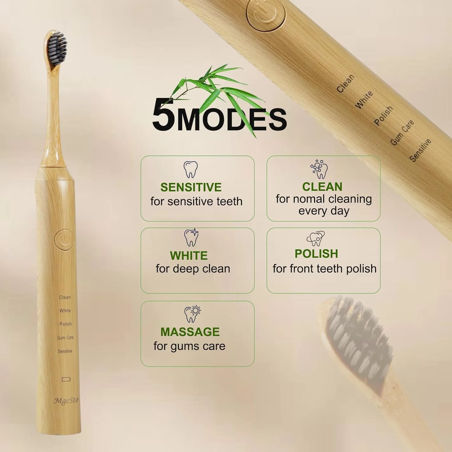 مسواک برقی بامبو سونیک MgcSto برای بزرگسالان - مسواک برقی بامبو قابل شارژ - 4 عدد سری برس نرم - موهای گیاهی | 5 حالت تمیز کردن باتری با ماندگاری طولانی