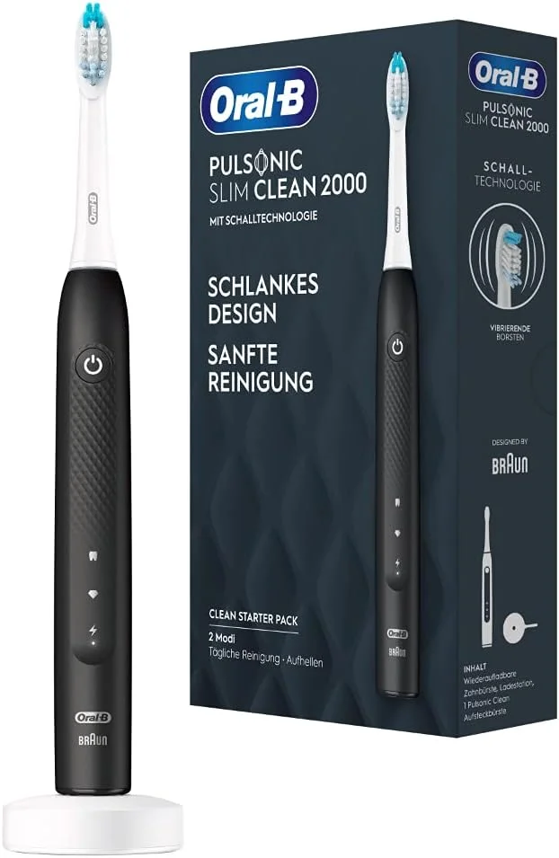 مسواک برقی صوتی Oral-B Pulsonic Slim Clean 2000، 2 حالت تمیز کردن برای مراقبت از دندان و لثه های سالم با تایمر، هدیه برای آقایان/خانم ها، طراحی شده توسط Braun، مشکی