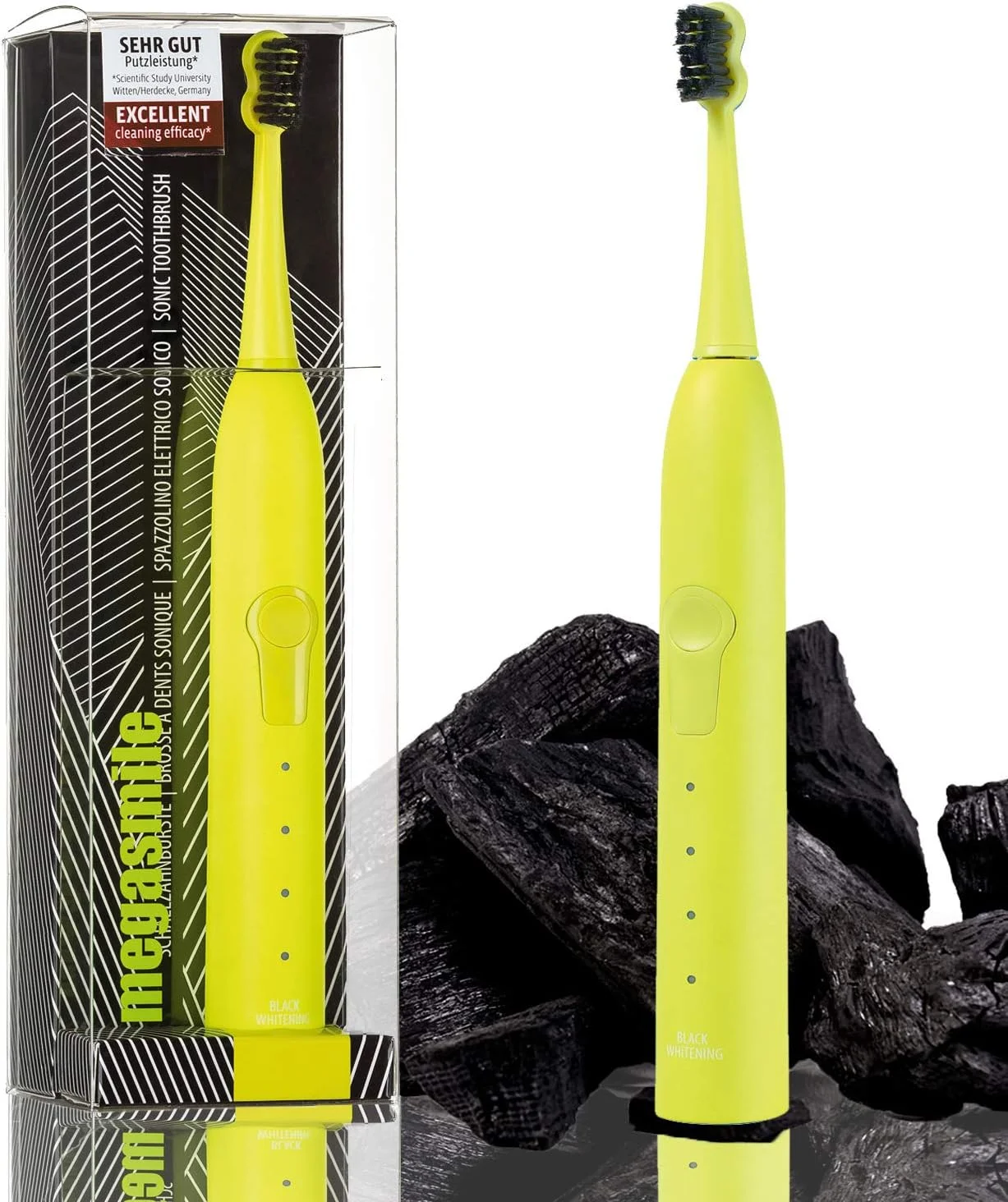 مسواک برقی سفید کننده مگاسمایل سونیک بلک Whitening II زرد، 4 حالت، فناوری زغال ACP برای دندان های سفیدتر، دارای: تایمر، عملکرد حافظه، قفل مسافرتی