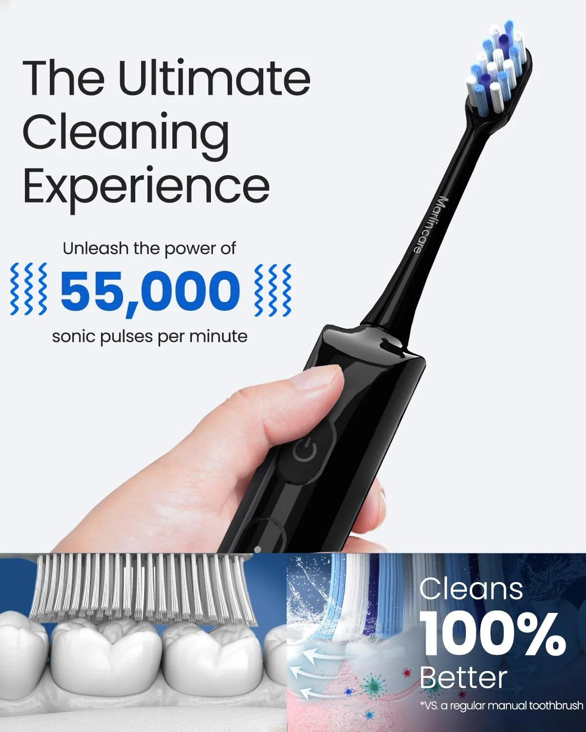 مسواک برقی بزرگسال مارلینکر، مسواک سونیک قابل شارژ مناسب سفر برای نوجوانان با 4 سری مسواک - عمر باتری 180 روزه، 55000VPM، 5 حالت تایمر هوشمند و کیف مسافرتی، مشکی