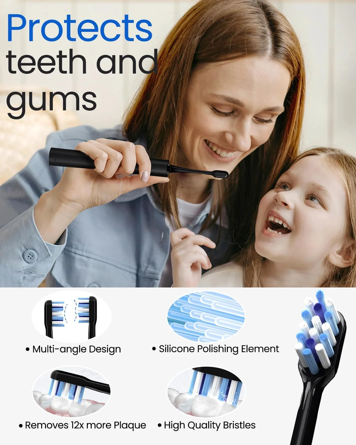 مسواک برقی بزرگسال مارلینکر، مسواک سونیک قابل شارژ مناسب سفر برای نوجوانان با 4 سری مسواک - عمر باتری 180 روزه، 55000VPM، 5 حالت تایمر هوشمند و کیف مسافرتی، مشکی