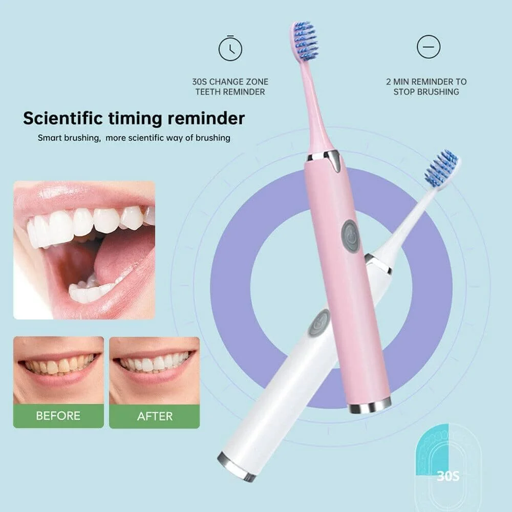 مسواک برقی صوتی مارگون با باتری، 2 سری یدکی، ضد آب IPX7، تمیز کننده عمیق (آبی، A)