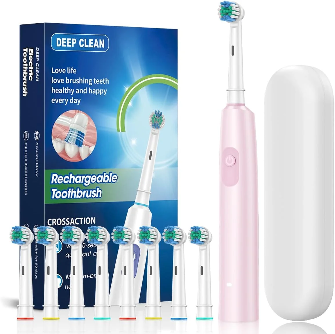 مسواک برقی چرخشی با سیستم تعلیق مغناطیسی، 5 حالت تمیز کردن صوتی ضد آب، 8 سر برس و کیف نگهداری برای مسافرت، کمپینگ، و سوارکاری (صورتی)