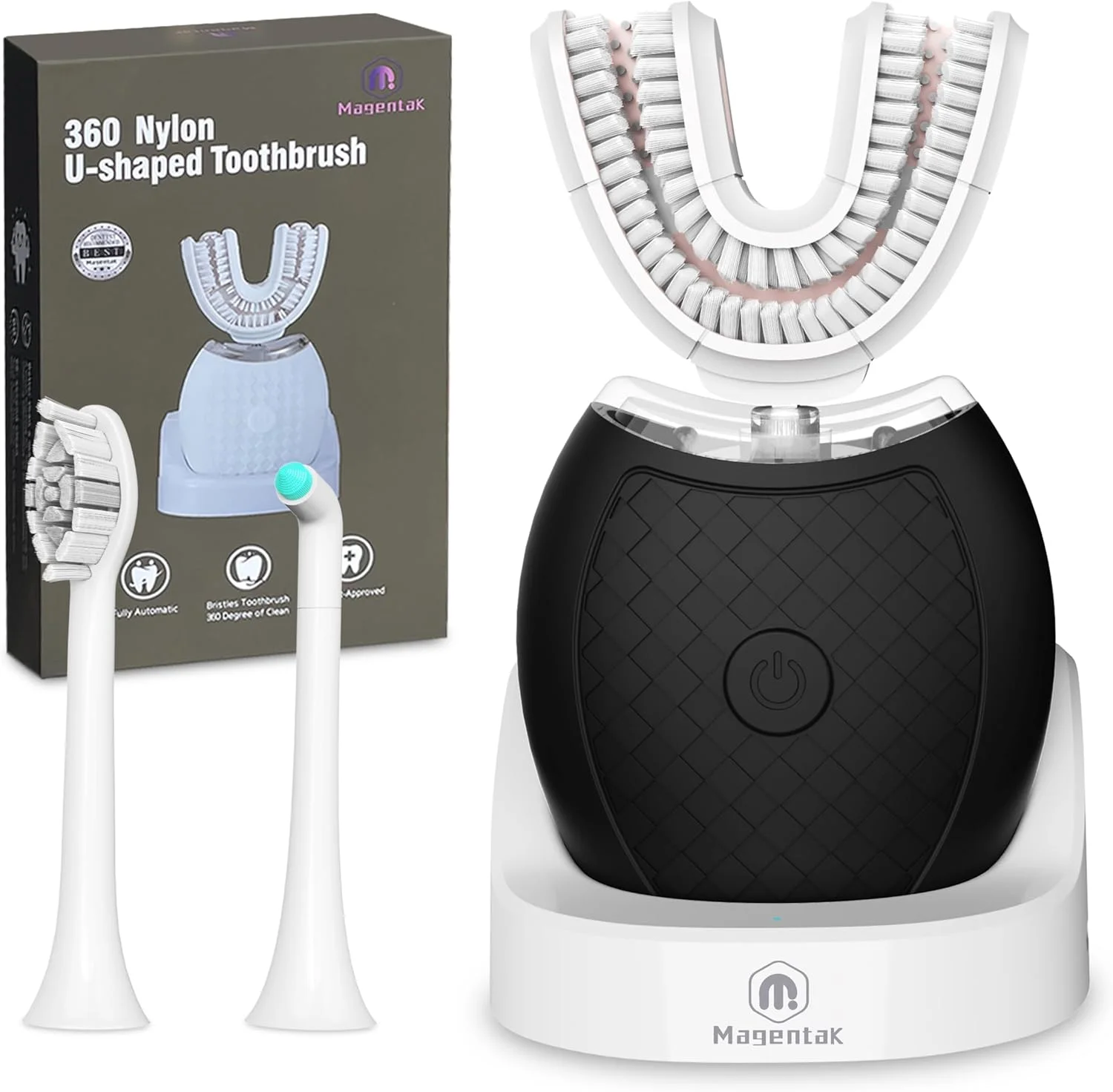 مسواک برقی U شکل Magentak برای بزرگسالان، تمیز کردن 360 درجه اتوماتیک، مسواک اولتراسونیک دارای 23760 برس نایلونی و 3 حالت استاندارد، سریع، فوق سریع (مشکی)