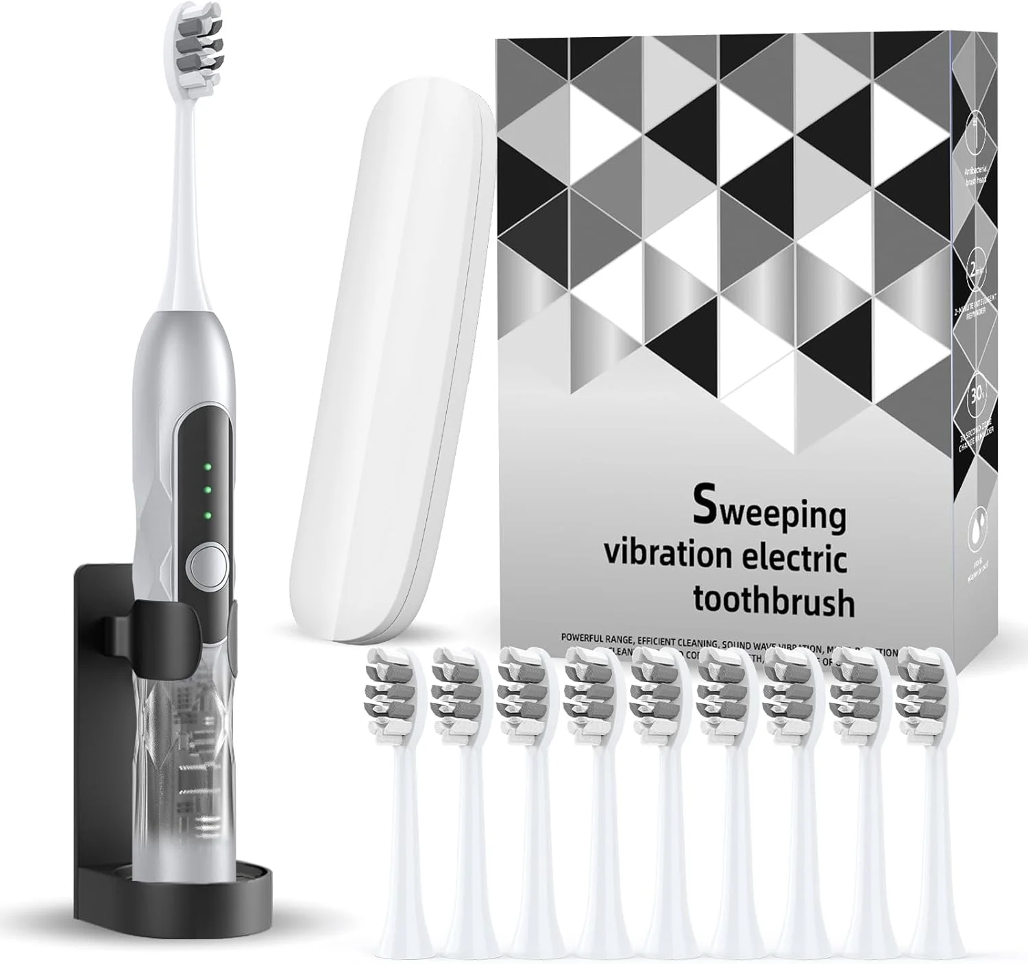 مسواک برقی صوتی لومی‌وید با نوسان و لرزش برای بزرگسالان به همراه 10 سری مسواک برای مسافرت و مراقبت از دندان، موتور 48000 دور در دقیقه، 5 حالت تمیز کردن و تایمر 2 دقیقه‌ای (نقره‌ای)