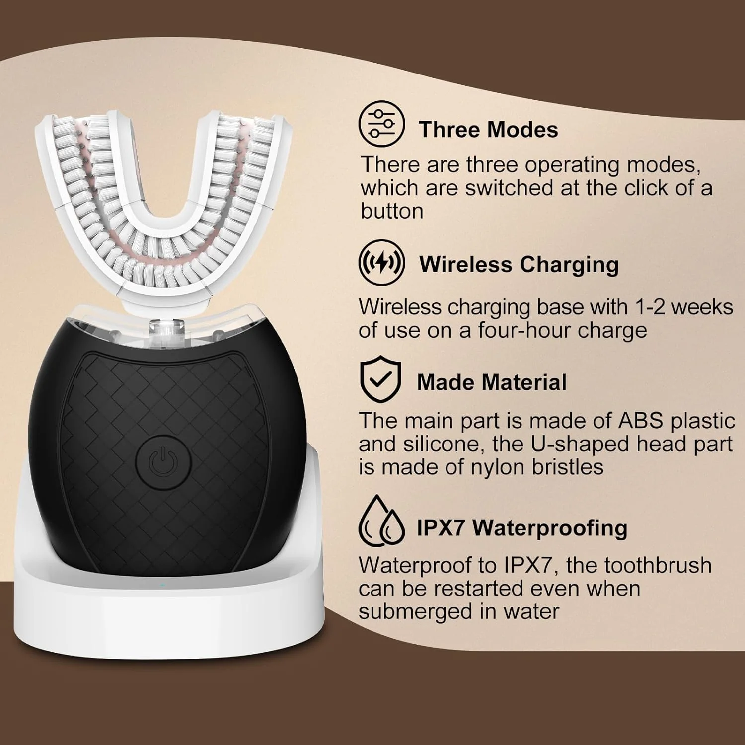 مسواک برقی U شکل Magentak برای بزرگسالان، تمیز کردن 360 درجه اتوماتیک، مسواک اولتراسونیک دارای 23760 برس نایلونی و 3 حالت استاندارد، سریع، فوق سریع (مشکی)