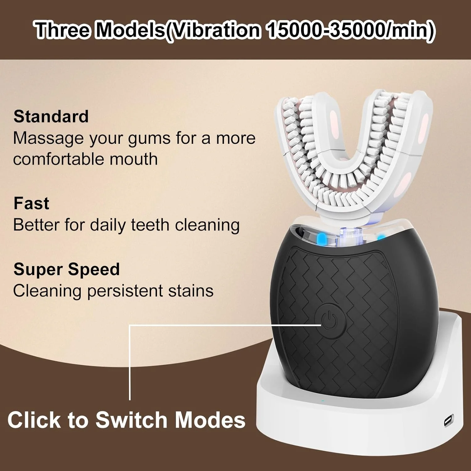 مسواک برقی U شکل Magentak برای بزرگسالان، تمیز کردن 360 درجه اتوماتیک، مسواک اولتراسونیک دارای 23760 برس نایلونی و 3 حالت استاندارد، سریع، فوق سریع (مشکی)