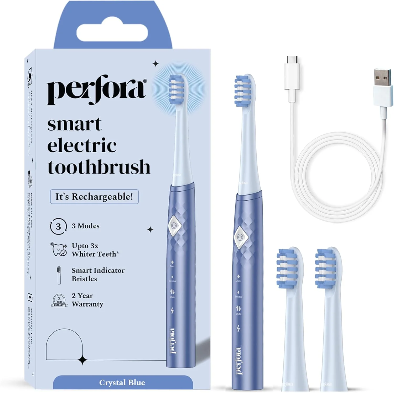 مسواک برقی قابل شارژ Perfora | 3 سری برس | 30000 لرزش | الیاف نشانگر هوشمند | 3 حالت | برس برقی، مسواک برقی برای مردان، زنان و کودکان |