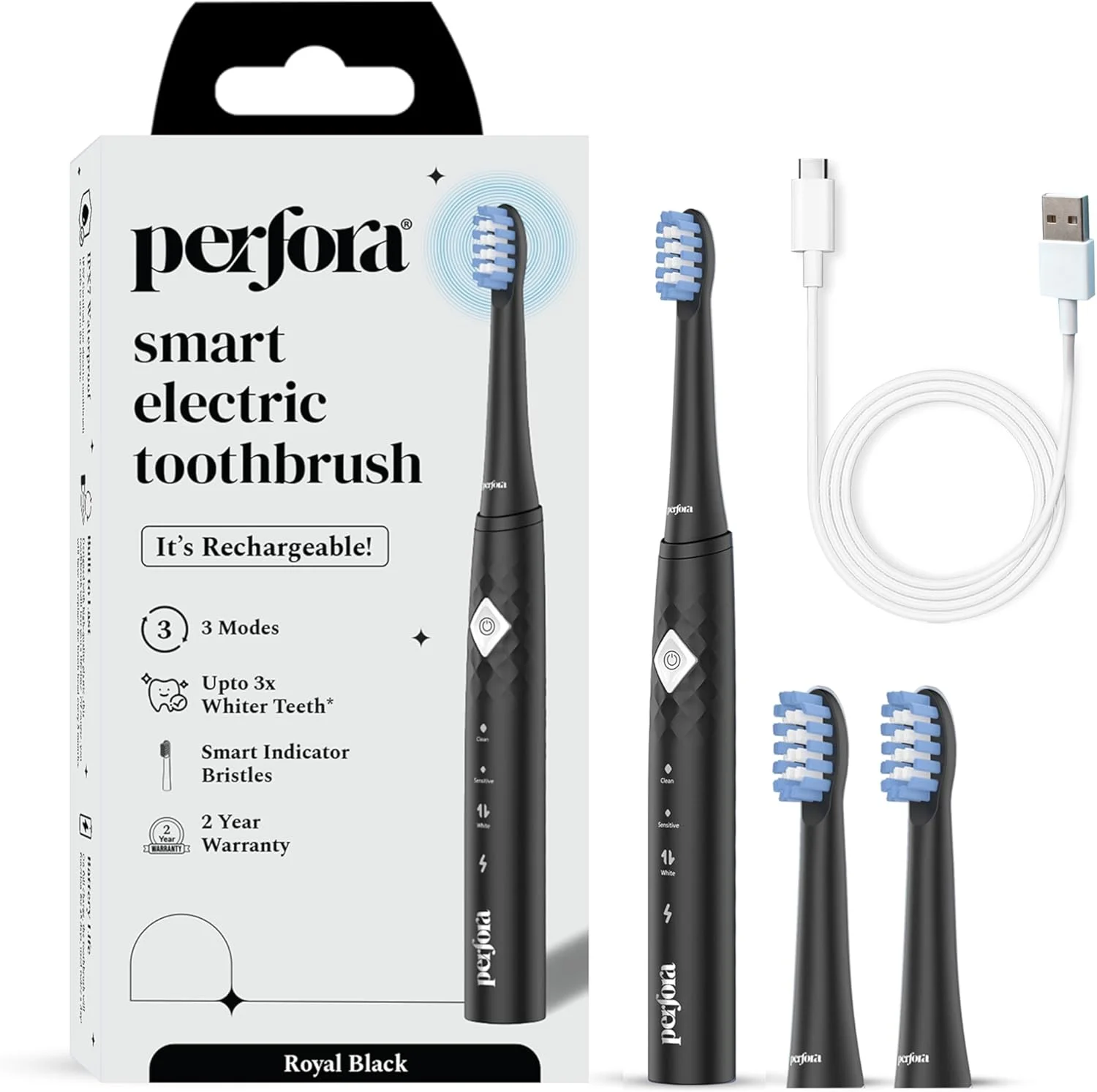 مسواک برقی قابل شارژ پرفورا، 3 سری مسواک، 30000 لرزش، برس های نشانگر هوشمند، 3 حالت، مسواک برقی، مسواک برقی برای مردان، زنان و کودکان، مشکی سلطنتی، 1 عدد