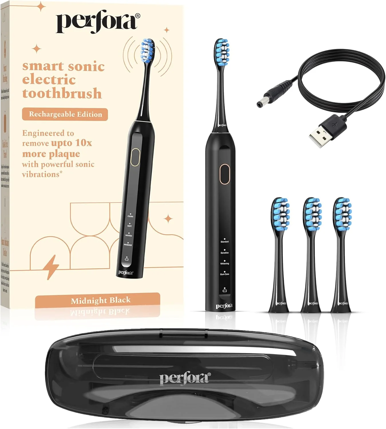 مسواک برقی هوشمند سونیک قابل شارژ Perfora برای آقایان و بانوان | مسواک برقی با 4 حالت و 60 روز عمر باتری | مسواک سونیک ضد آب IPX7 با 4 سر برس و کیف مسافرتی - مشکی