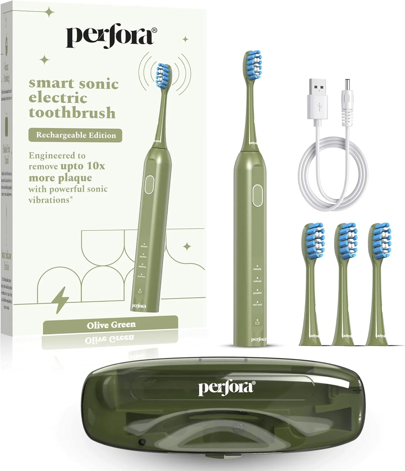 مسواک برقی هوشمند سونیک قابل شارژ Perfora برای بزرگسالان | با 4 حالت و 60 روز عمر باتری | مسواک سونیک ضد آب IPX7 با 4 سر برس و کیف مسافرتی