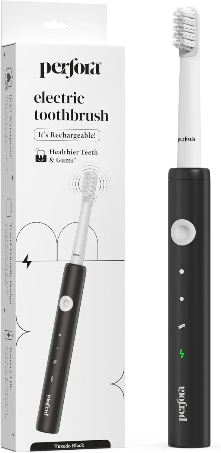 مسواک برقی قابل شارژ Perfora برای آقایان، بانوان و کودکان | 1 سری مسواک | 30000 لرزش | برس های فوق العاده نرم | 3 حالت | مشکی تاکسیدو