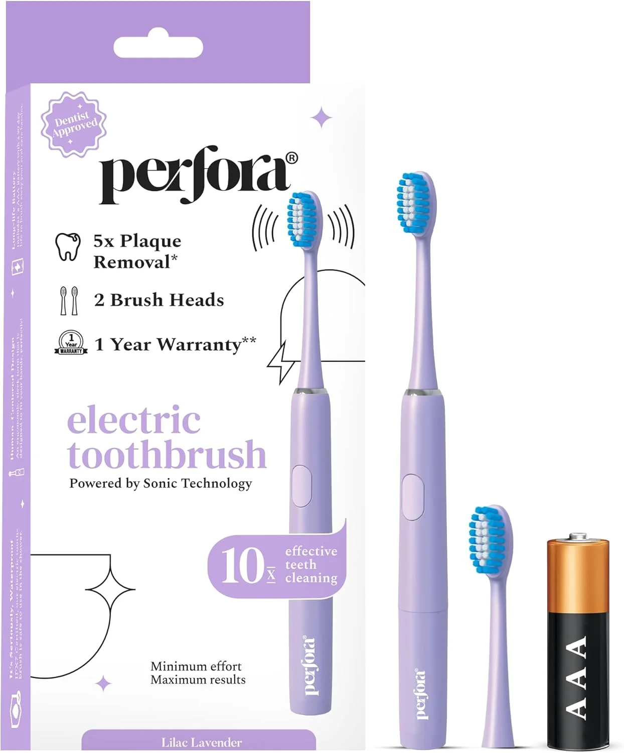 مسواک برقی پرفورا، 2 حالت، تغذیه با باتری AAA، 2 سری مسواک، 90 روز عمر باتری | مسواک برقی، مسواک برقی برای مردان، زنان و کودکان، 002 - یاسی اسطوخودوس (بسته 1 عددی)