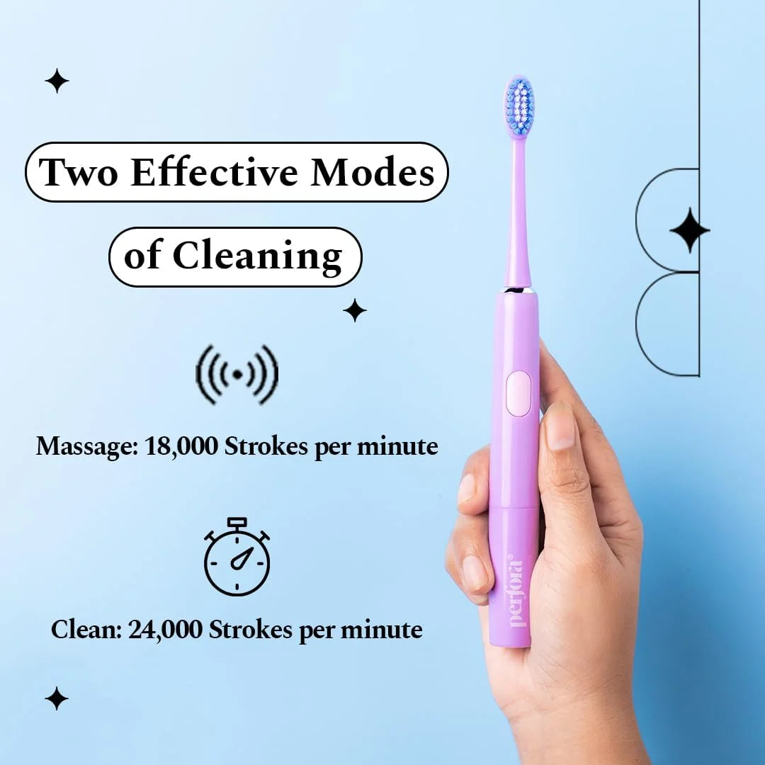 مسواک برقی پرفورا، 2 حالت، تغذیه با باتری AAA، 2 سری مسواک، 90 روز عمر باتری | مسواک برقی، مسواک برقی برای مردان، زنان و کودکان، 002 - یاسی اسطوخودوس (بسته 1 عددی)