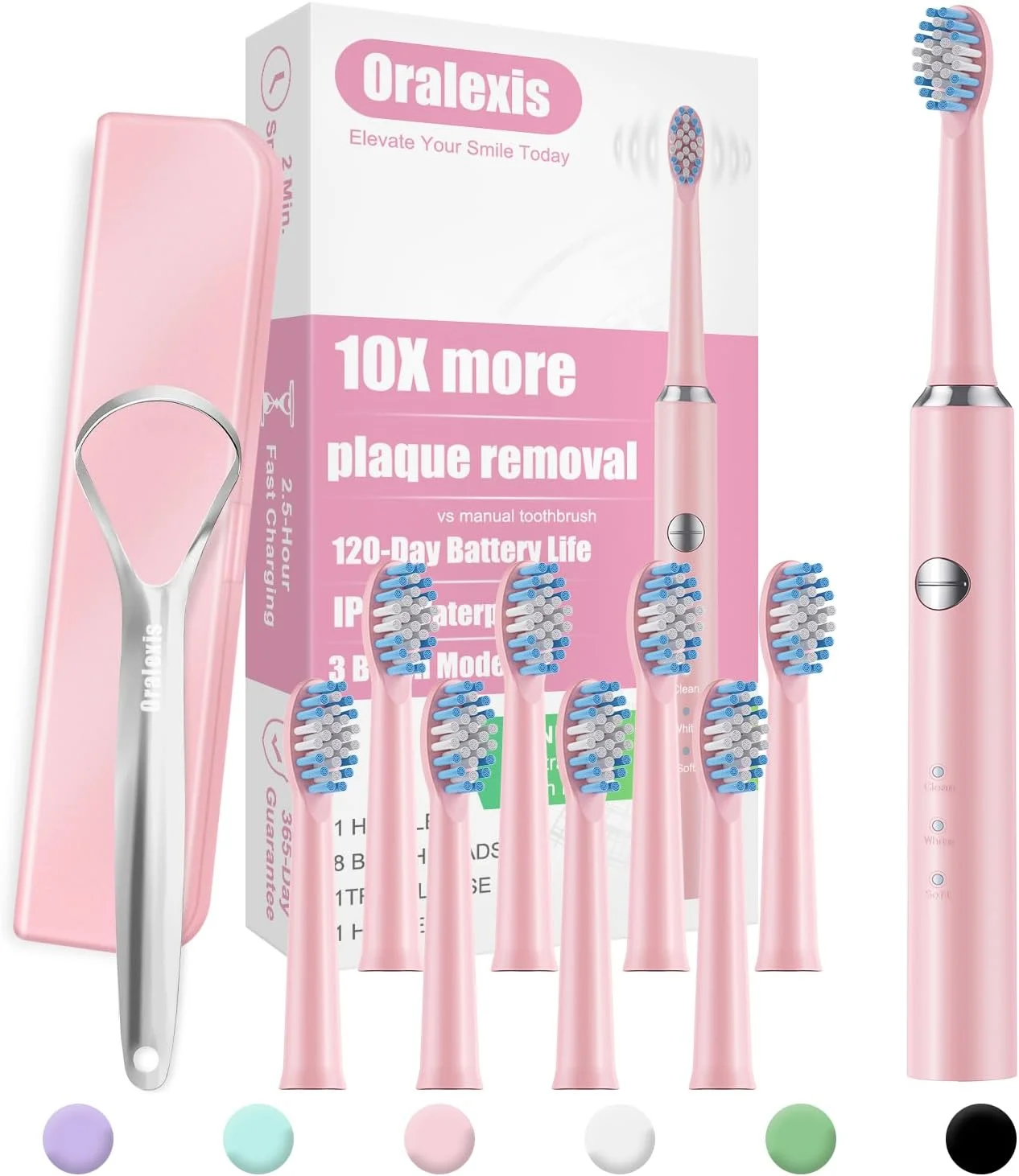 مسواک برقی اورالکسیس برای بزرگسالان و کودکان، همراه با تمیز کننده زبان و 8 سری مسواک، یک بار شارژ سریع تا 120 روز، تمیز کننده عمیق 40000 VPM، مسواک سونیک مسافرتی - صورتی
