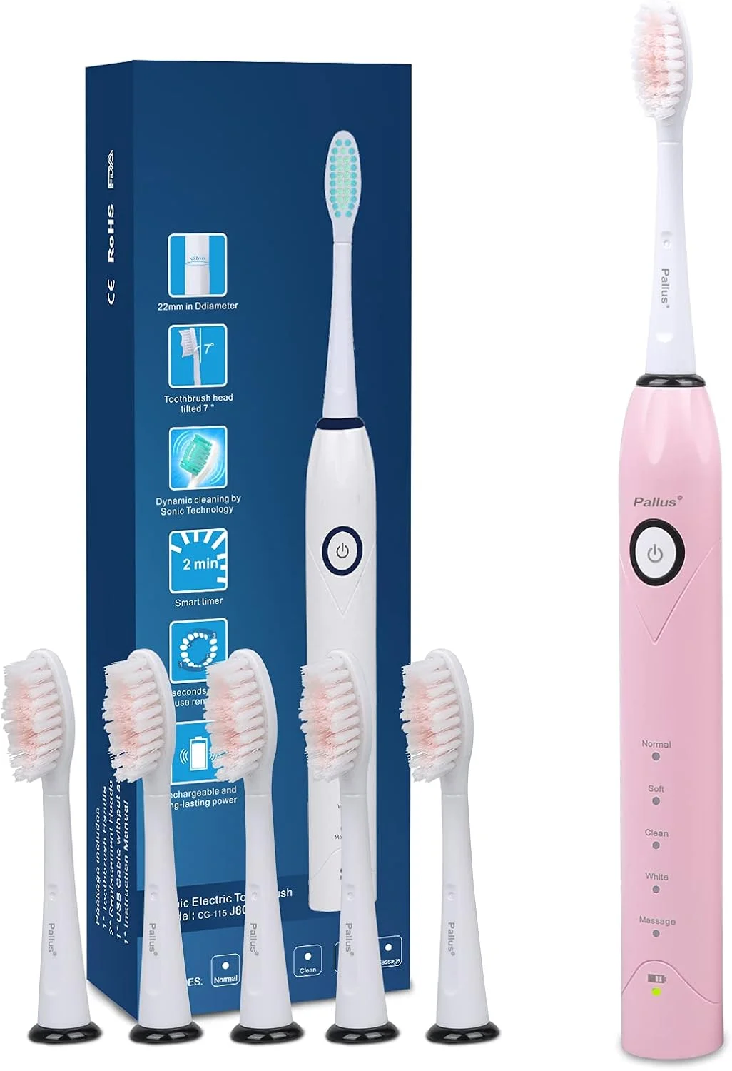 مسواک برقی پالوس، مسواک صوتی بزرگسالان با 5 سری برس Dupont، پاکسازی فوق العاده با 37000 وی پی ام، 5 حالت، 2 ساعت شارژ برای 30 روز استفاده، مسواک برقی قابل شارژ صورتی