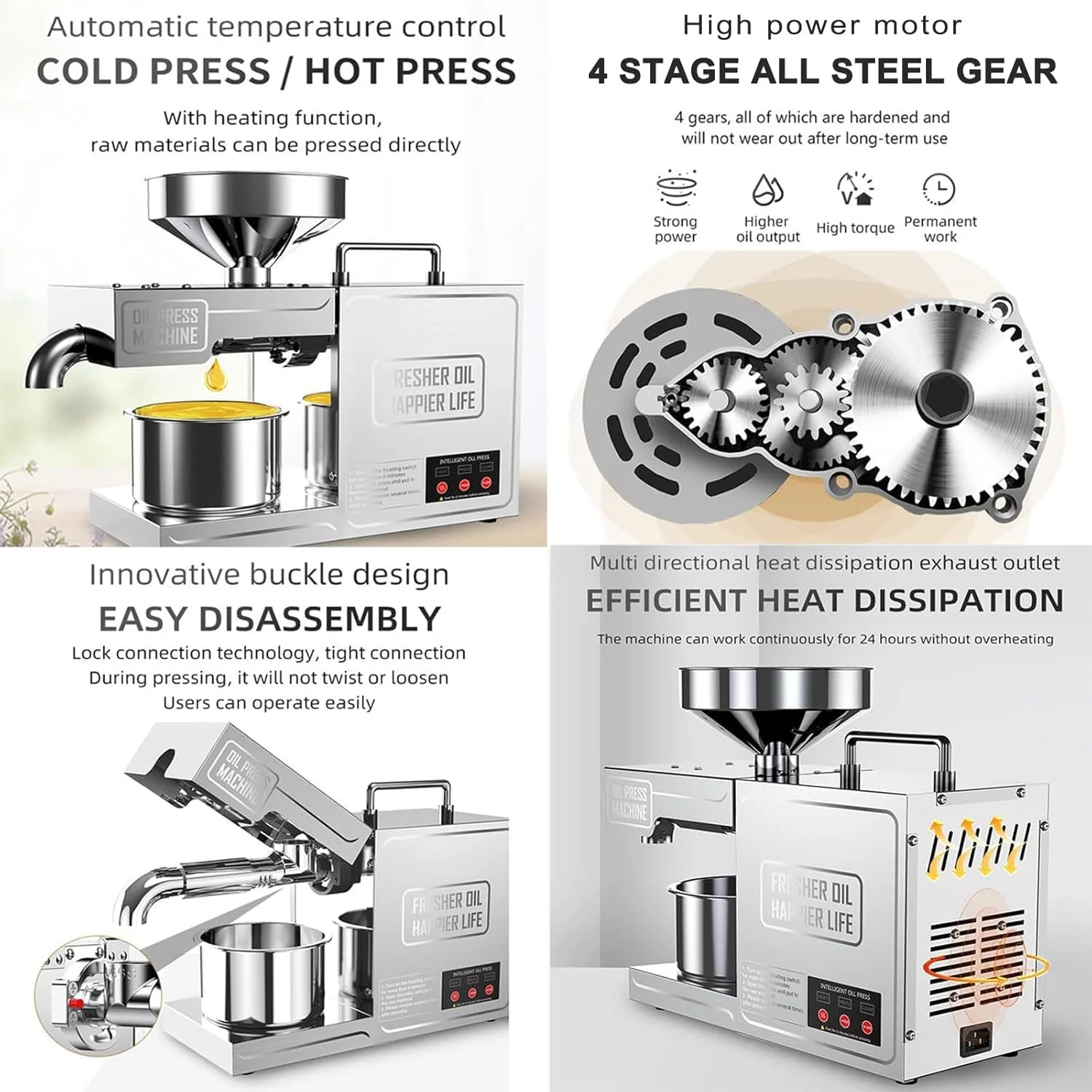دستگاه روغن گیری استیل، 820 وات قدرت بالا برای پرس سرد و گرم، ایده آل برای استفاده تجاری و خانگی