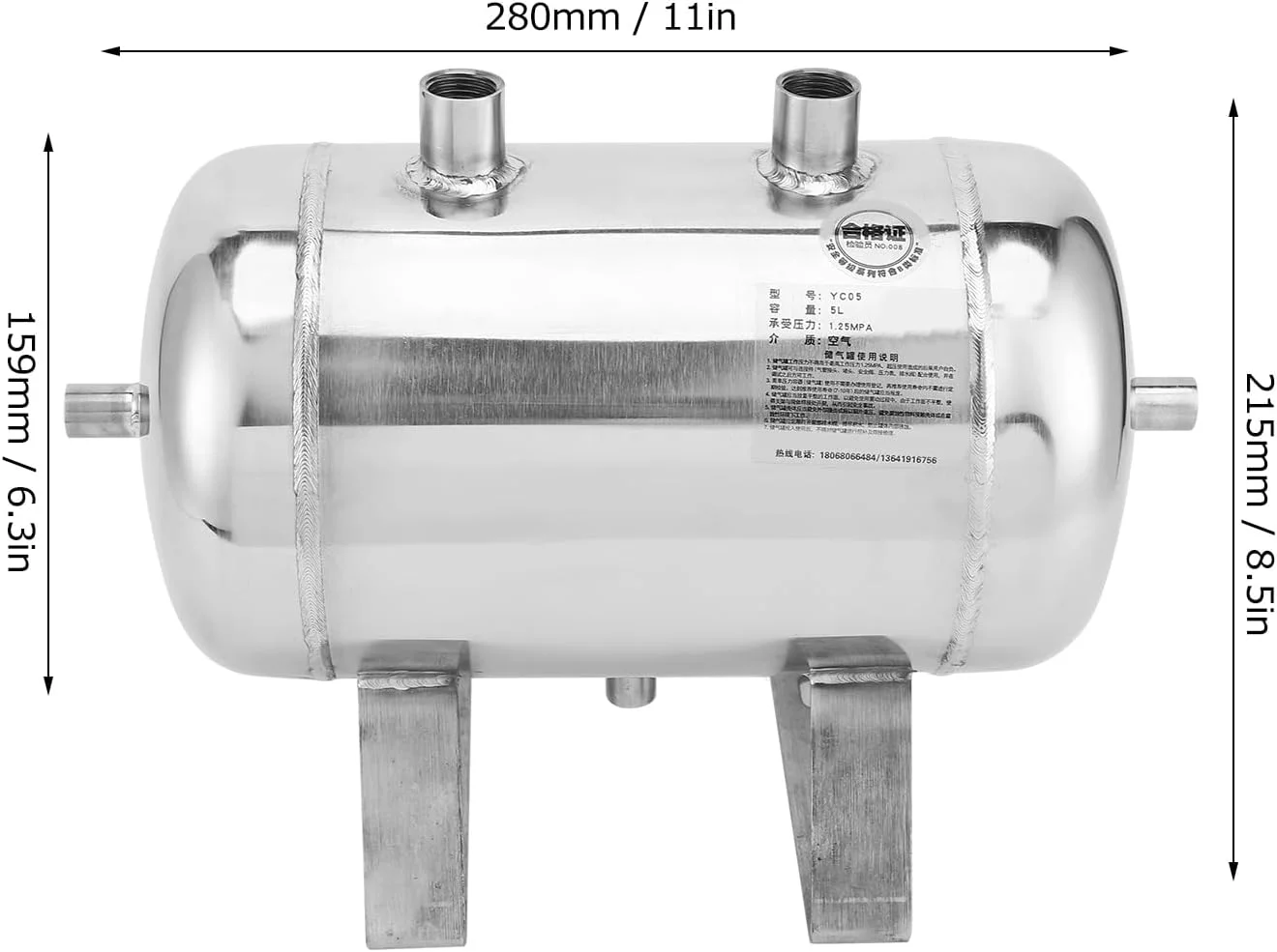 مخزن ذخیره گاز 5 لیتری استیل ضد زنگ، مخزن 4 پورت برای جعبه هوا، بافر خلاء برای تولید صنعتی، فشار قوی 1/4NPT