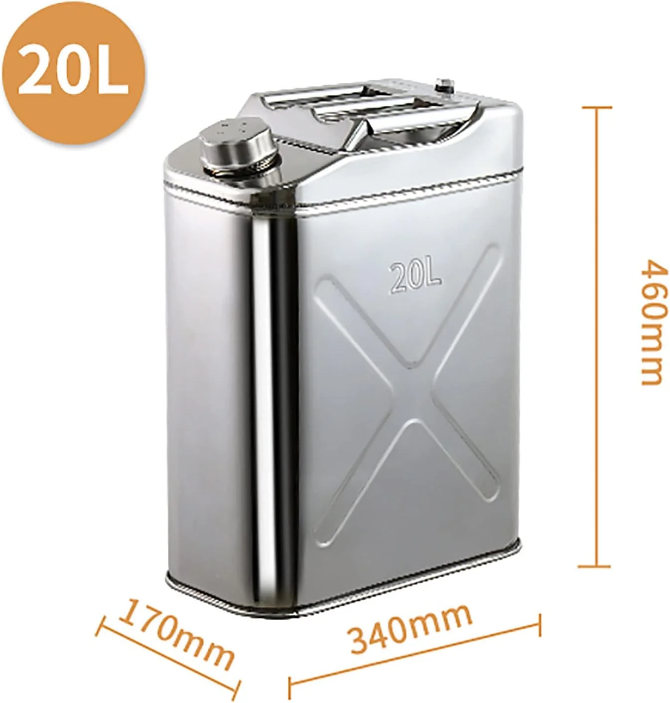 گالن فلزی سوخت از جنس استیل 304، مناسب برای گازوئیل، بنزین، نقره ای، مقاوم و سنگین، ساخته شده از فولاد نورد سرد - در اندازه های 5، 10، 15 و 20 لیتری