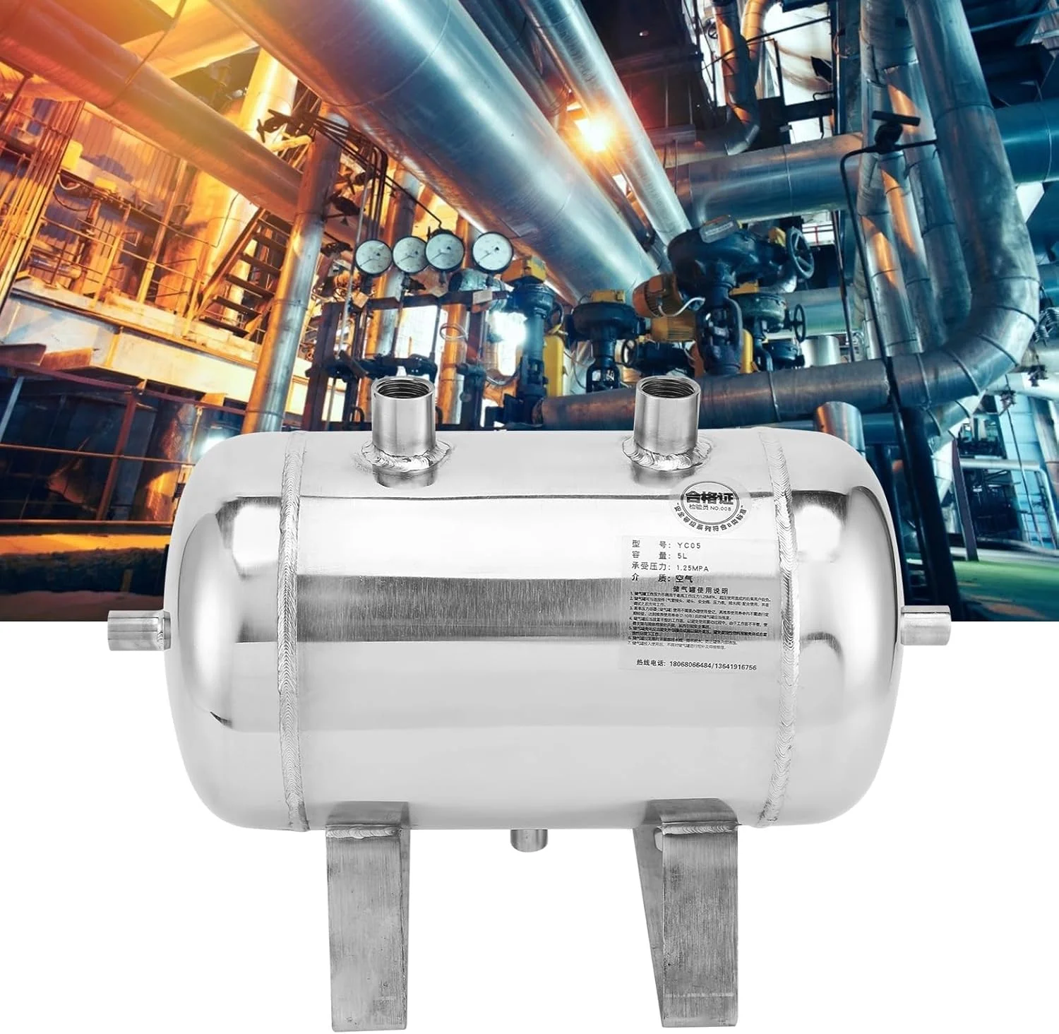 مخزن ذخیره گاز 5 لیتری استیل ضد زنگ، مخزن 4 پورت برای جعبه هوا، بافر خلاء برای تولید صنعتی، فشار قوی 1/4NPT