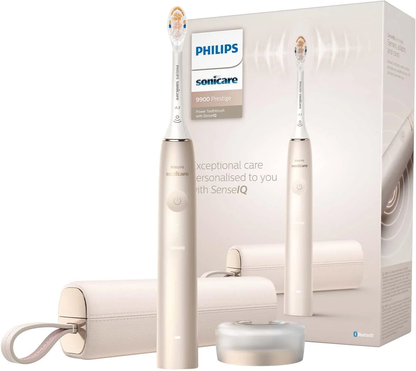 مسواک برقی پیشرفته Philips Sonicare Prestige 9900 مدل HX9992/11 با فناوری SenseIQ، سر برس همه کاره و هوش مصنوعی در اپلیکیشن Philips Sonicare، رنگ: شامپاین