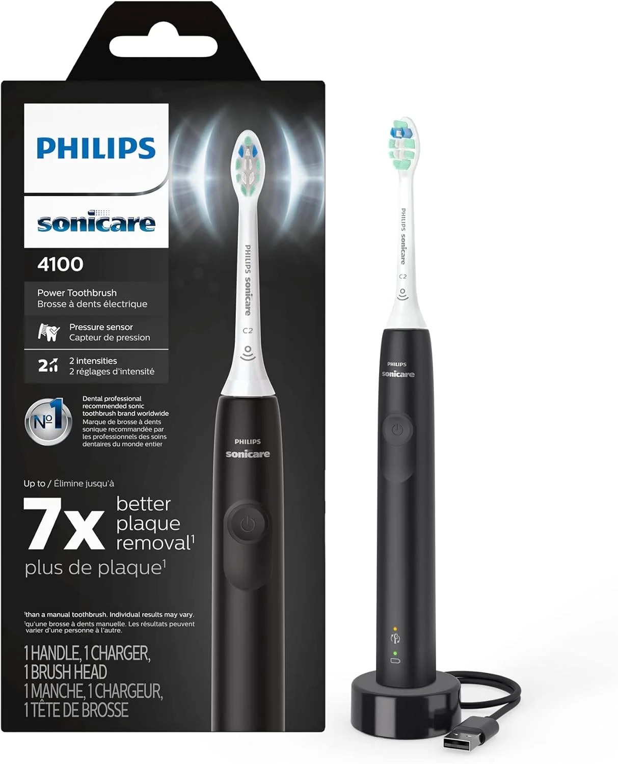 مسواک برقی شارژی فیلیپس Sonicare 4100، با سنسور فشار، 2 تنظیمات شدت، SmarTimer و QuadPacer، عمر باتری 14 روزه، مشکی، مدل HX3681/24