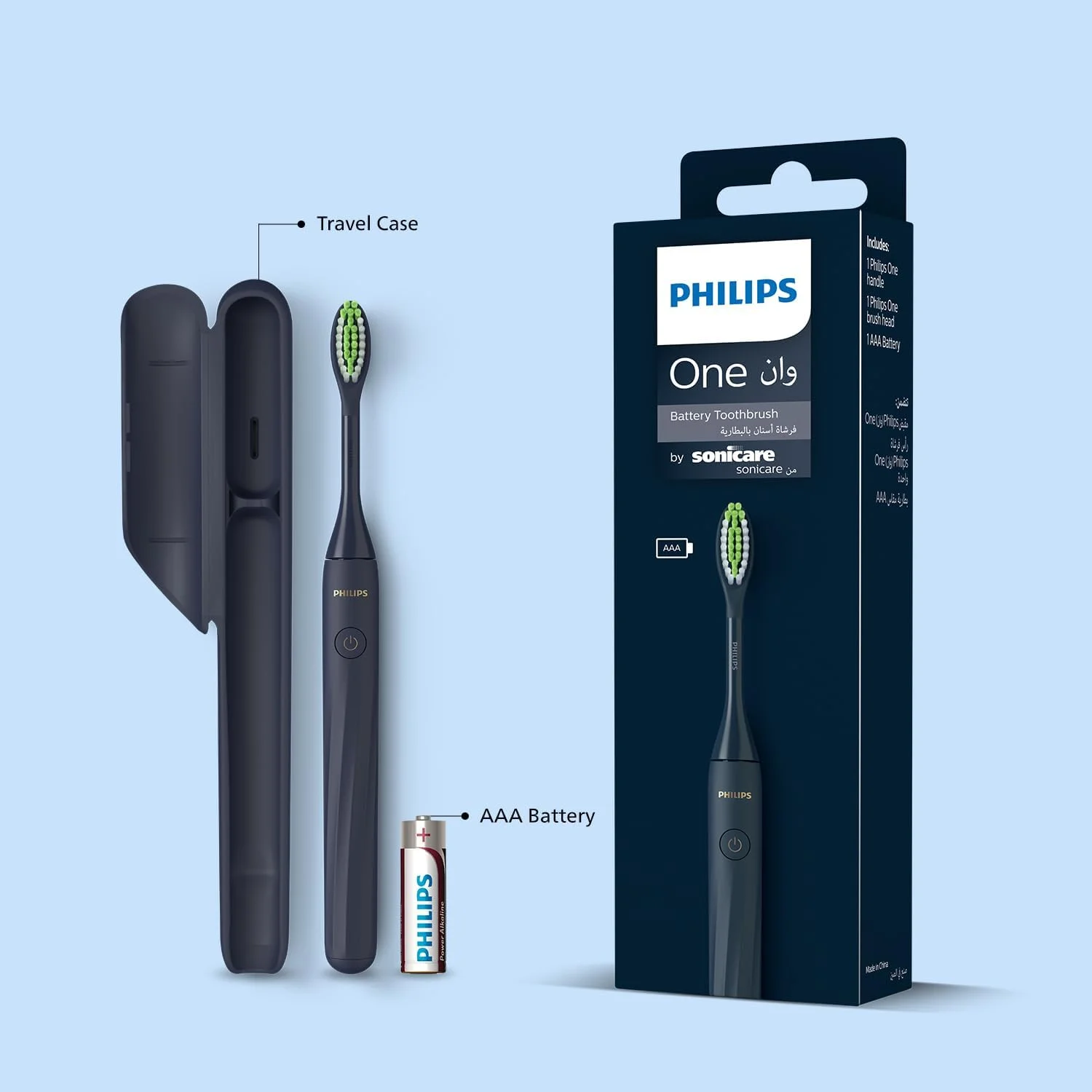 مسواک برقی باتری خور فیلیپس از Sonicare | تایمر هوشمند 2 دقیقه ای و Quadpacer | شیک و سبک | کیف مسافرتی | مسواک باتری خور | برس های نرم | با یک باتری AAA تا 90 روز قابل استفاده است | آبی نیمه شب | HY1100/04