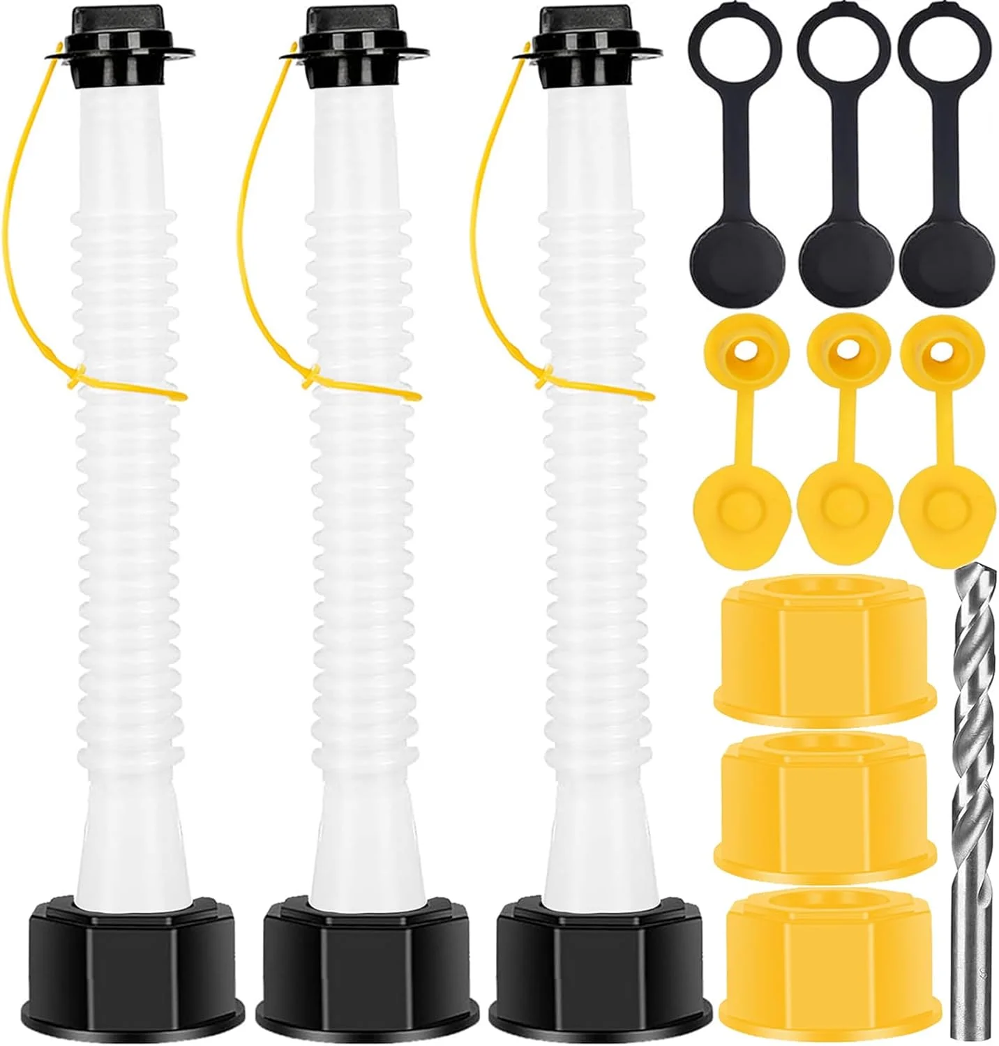 کیت جایگزینی نازل مخزن سوخت، نازل انعطاف پذیر برای انتقال سوخت به همراه واشر، درپوش هواکش، درپوش پایه و مته برای اکثر مخازن سوخت و آب ۱، ۲ و ۵ گالنی