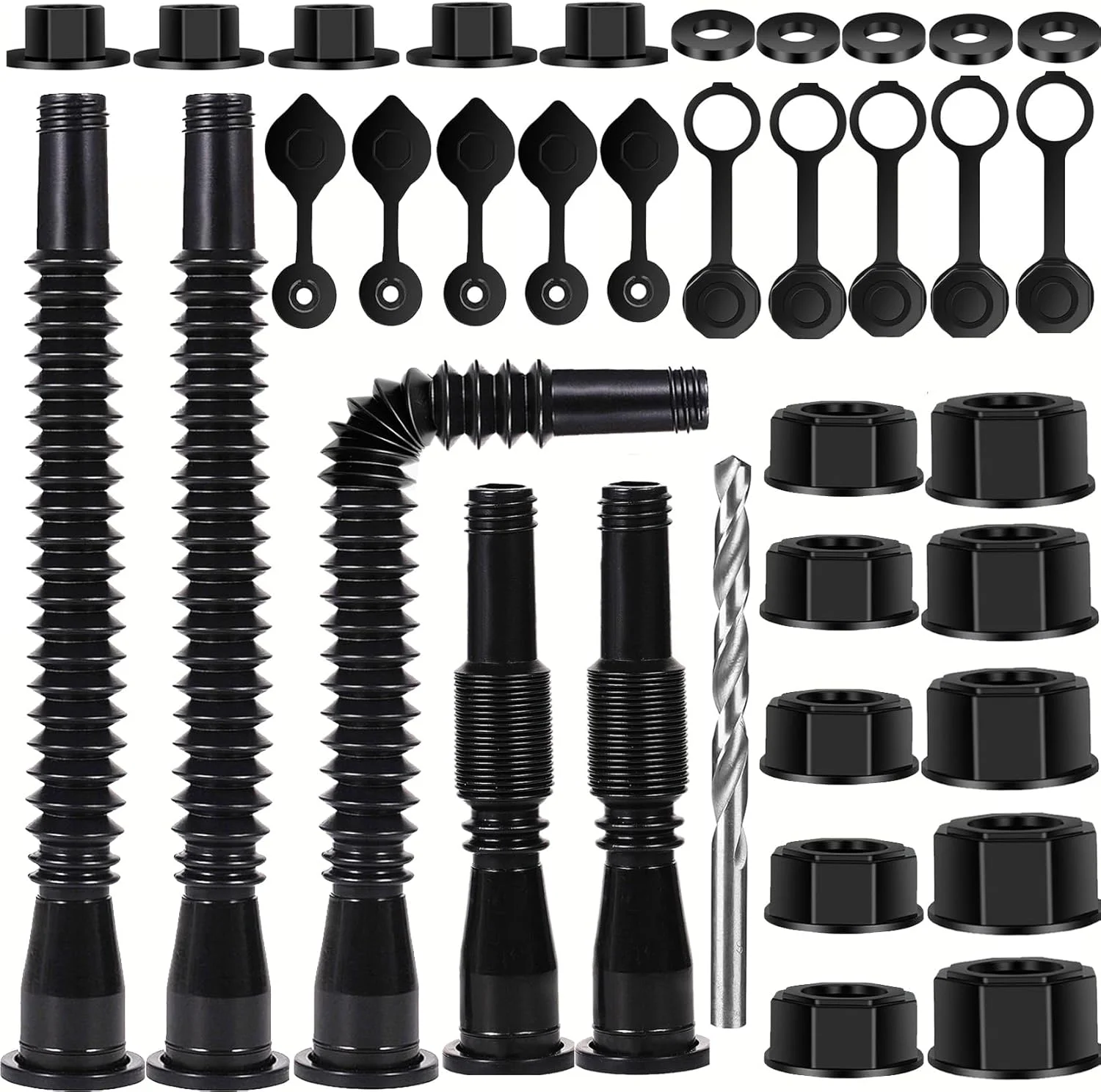 نازل جایگزین برای دبه بنزین با نازل انعطاف پذیر و مقیاس پذیر 30 سانتی متری، درپوش هواکش، درپوش پایه، مته، سازگار با Midwest Scepter Gott Blitz اکثر دبه های سوخت قدیمی 1، 2، 5 گالن، بسته 5 عددی (مشکی)