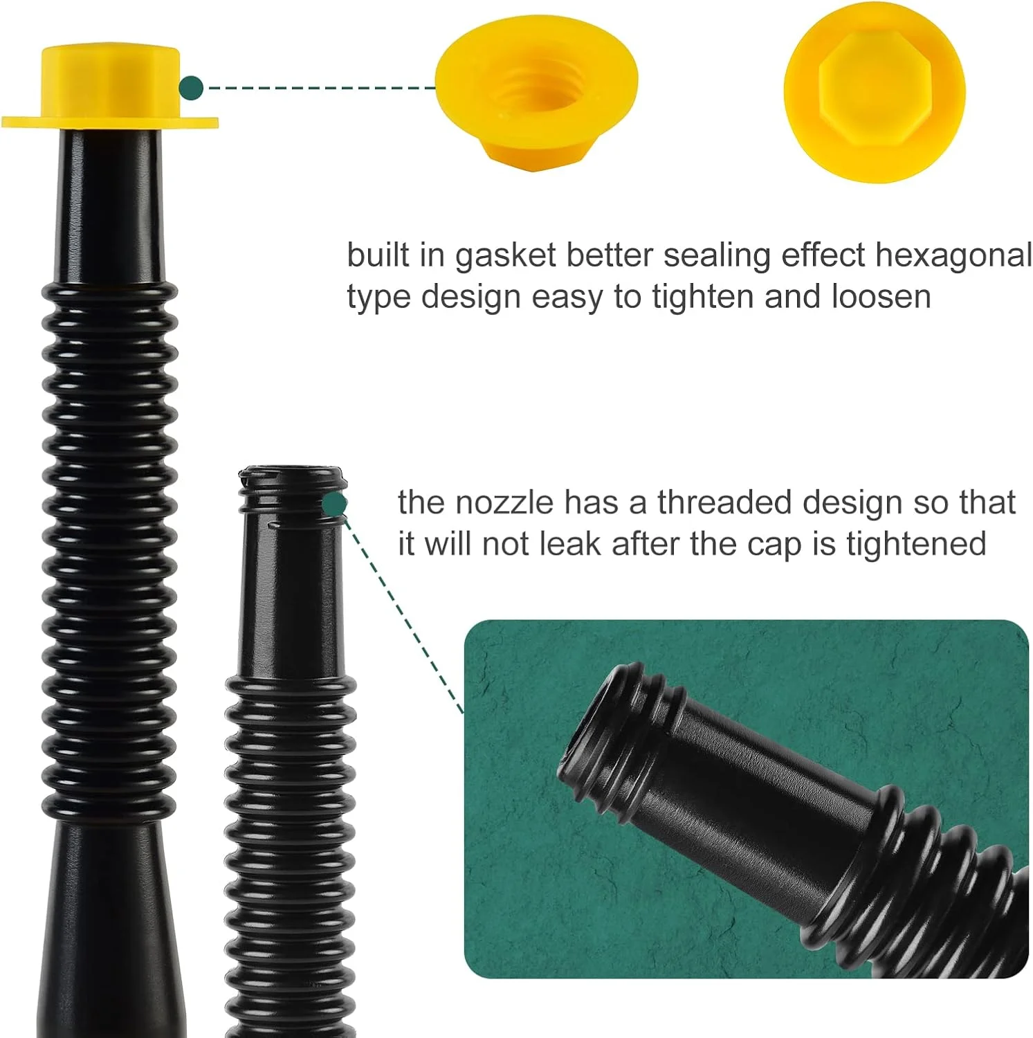 نازل جایگزین برای گالن بنزین، نازل گالن بنزین. طول شلنگ 8.1 اینچ، استفاده آسان تر. مناسب برای اکثر گالن های روغن 1/2/5/10 گالن. همراه با درپوش های هواکش گالن بنزین، پد لاستیکی ضخیم، پوشش نازل، درپوش پایه (2 عدد - مشکی)