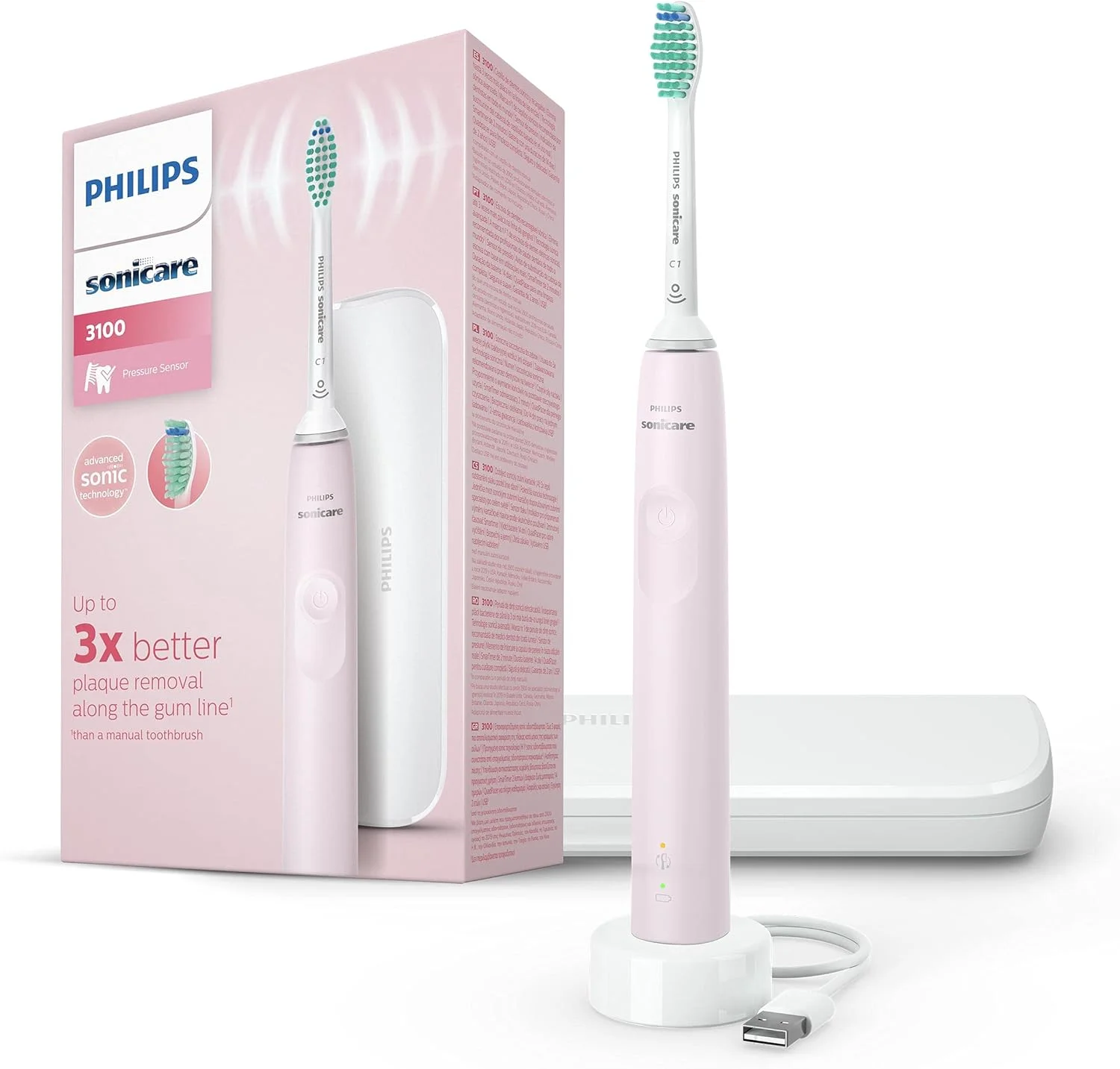 مسواک برقی فیلیپس Sonicare 3100، مسواک صوتی، حسگر فشار و تایمر، کیف مسافرتی، گل رز شکری، مدل HX3673/11