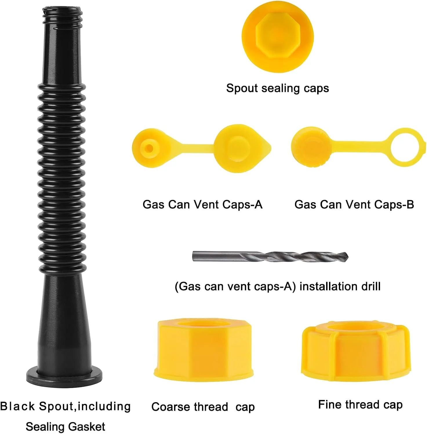 نازل جایگزین برای گالن بنزین، نازل گالن بنزین. طول شلنگ 8.1 اینچ، استفاده آسان تر. مناسب برای اکثر گالن های روغن 1/2/5/10 گالن. همراه با درپوش های هواکش گالن بنزین، پد لاستیکی ضخیم، پوشش نازل، درپوش پایه (2 عدد - مشکی)